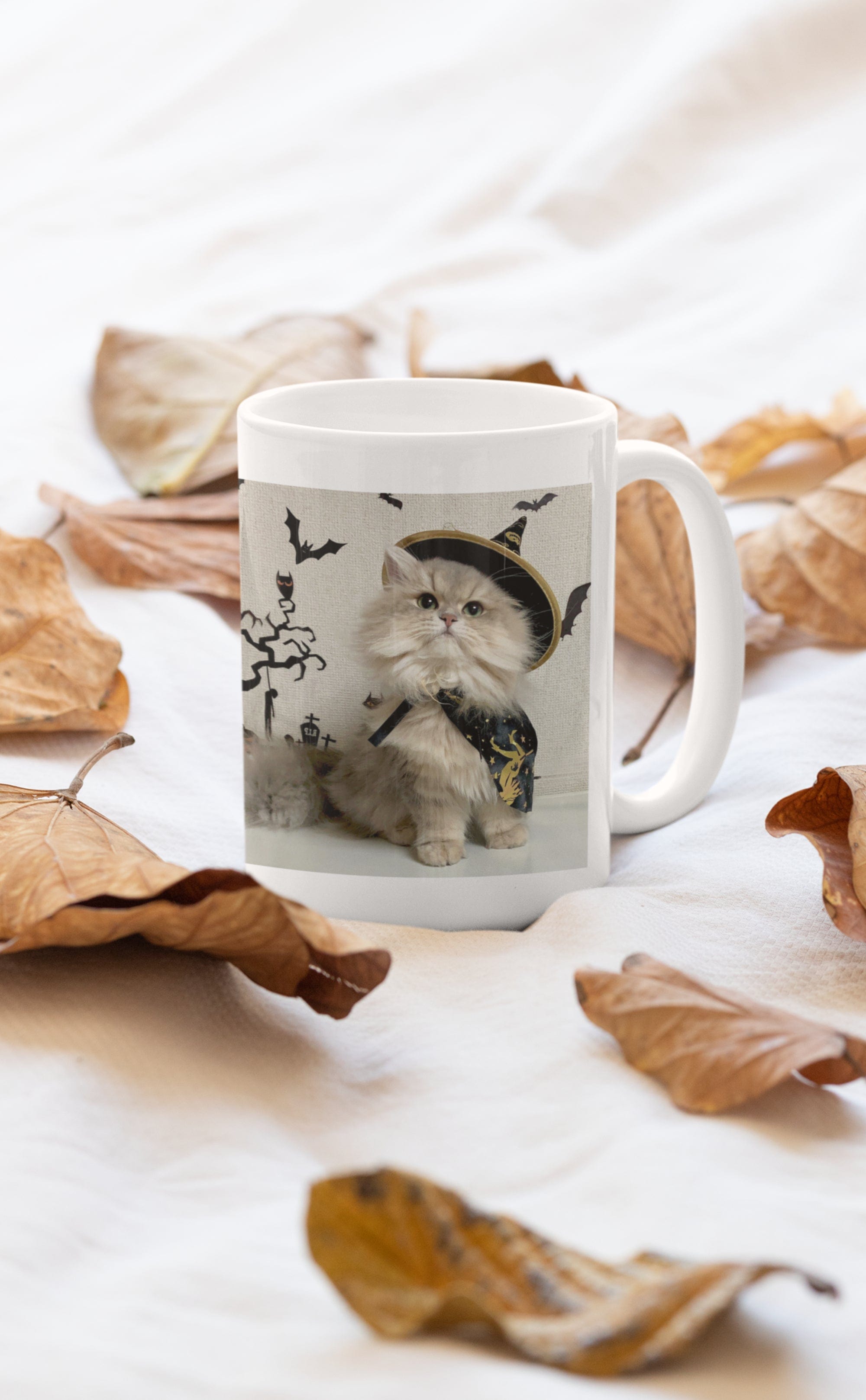 Printify Mug 15oz Coffee Mug, Halloween Coffee Mug, Cat in Witch Costume Mug, Halloween Gift, Birthday Gift, Friend Gift, White 15oz Ceramic 83648407855491868208