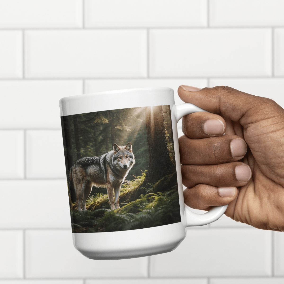 Printify Mug 15oz Coffee Mug, Wolf in Forest Coffee Mug, Wolf Coffee, Tea Mug, Birthday Gift, Christmas Gift, Friend Gift, White 15 oz Ceramic 42944806453671562281