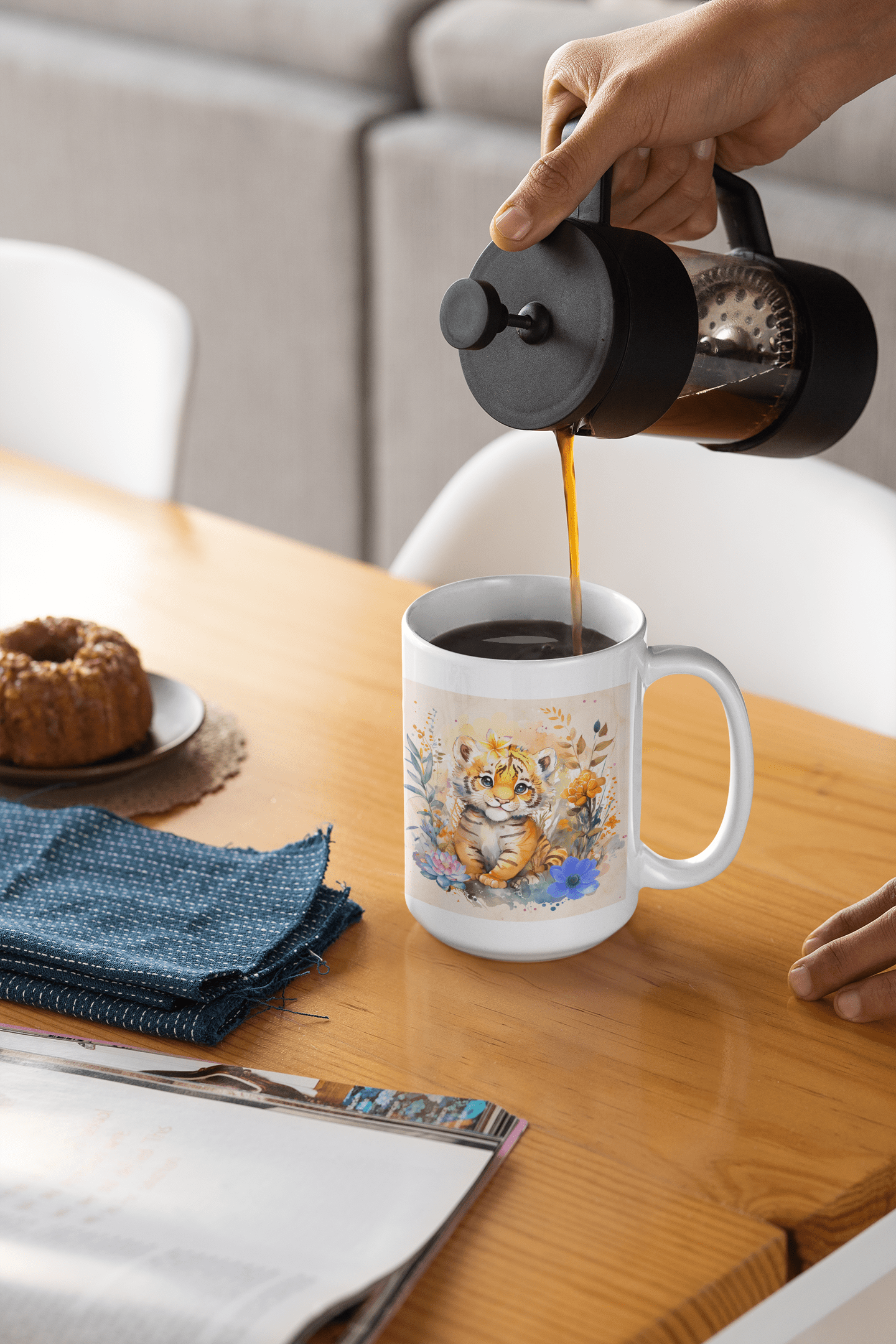 Printify Mug 15oz Coffee Mug, Tiger Coffee Mug, Tiger Cub Mug, Flower Mug, Birthday Gift, Christmas Gift, Friend Gift, White 15 oz Ceramic 19340100537797322553