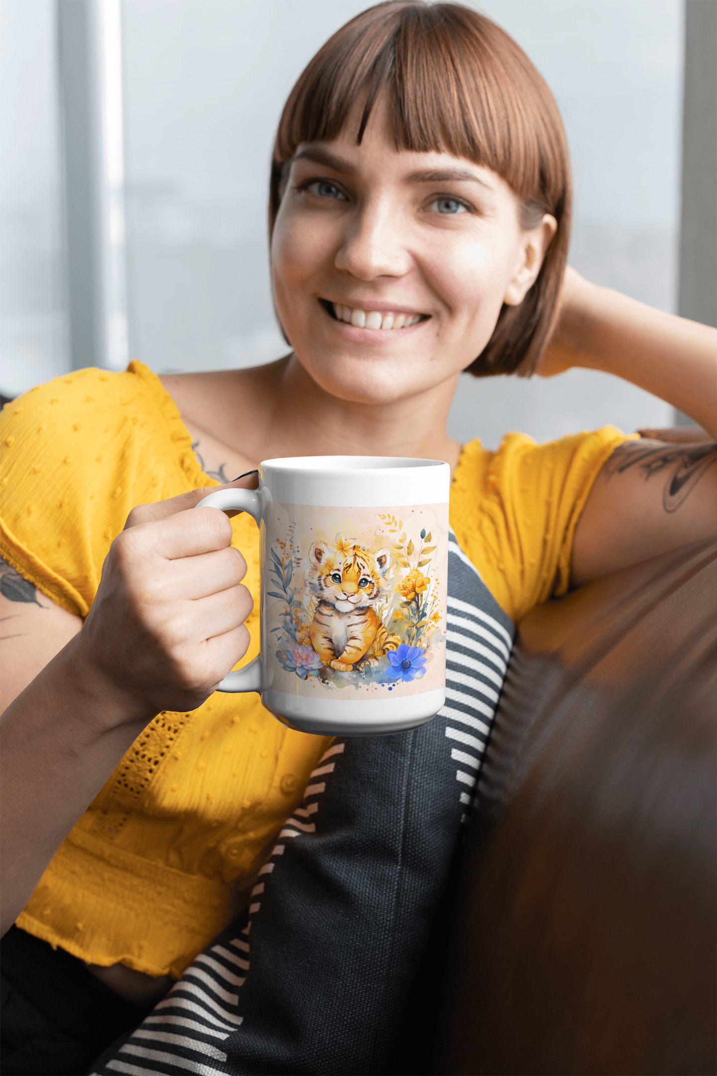 Printify Mug 15oz Coffee Mug, Tiger Coffee Mug, Tiger Cub Mug, Flower Mug, Birthday Gift, Christmas Gift, Friend Gift, White 15 oz Ceramic 19340100537797322553