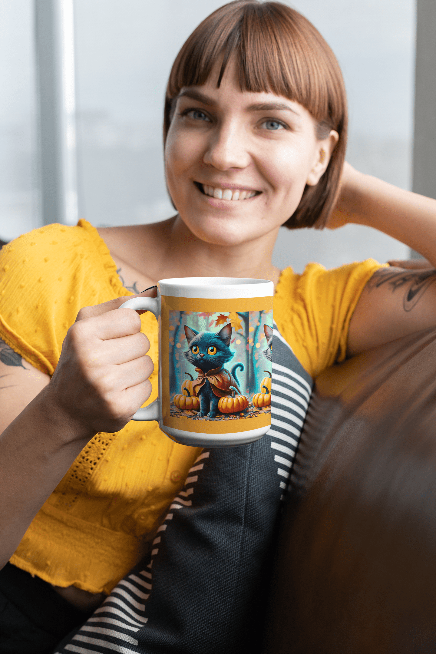 Printify Mug 11oz Coffee Mug, Black Cat Coffee Mug, Forest Cat Coffee Mug, Fall Pumpkin Mug, Birthday Gift, Friend Gift, White 11oz Ceramic 20089616416949115413