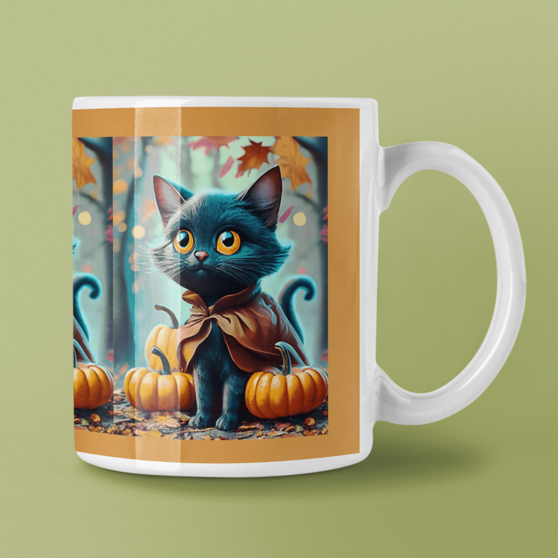 Printify Mug 15oz Coffee Mug, Black Cat Coffee Mug, Forest Cat Coffee Mug, Fall Pumpkin Mug, Birthday Gift, Friend Gift, White 15 oz Ceramic 25195849008209618874