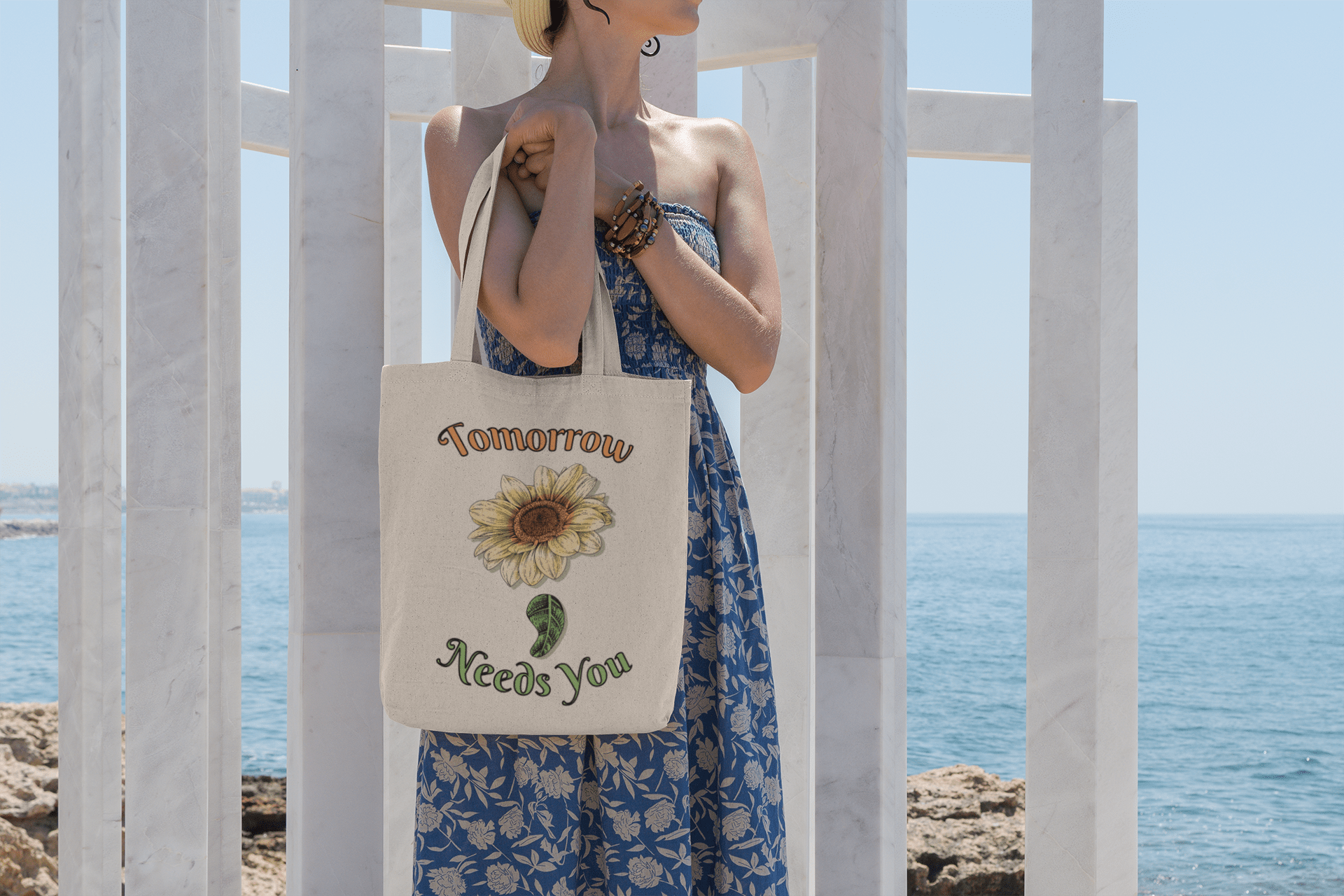 Printify Bags Natural / 15" x 16" Canvas Tote Bag, Mental Health, Sunflower Semicolon, Canvas Bag, 100% Cotton Tote Bag, Shopping Bag, Gift for Friend 33134222743829353069