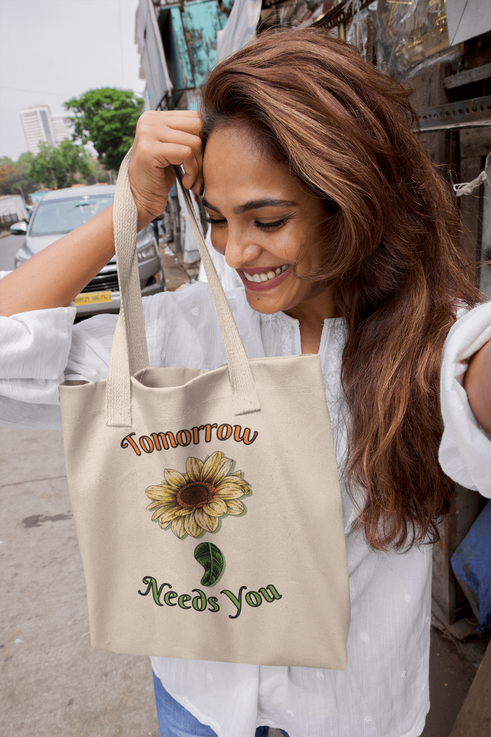 Printify Bags Natural / 15" x 16" Canvas Tote Bag, Mental Health, Sunflower Semicolon, Canvas Bag, 100% Cotton Tote Bag, Shopping Bag, Gift for Friend 33134222743829353069