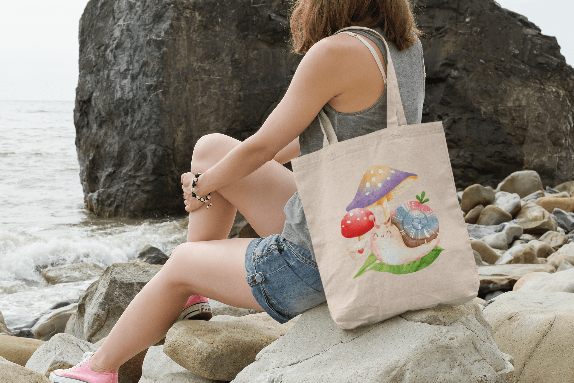 Printify Bags Natural / 15" x 16" Cotton Canvas Tote Bag, Snail Tote Bag, Mushroom Tote Bag, Canvas Bag, 100% Cotton Tote Bag, Shopping Bag, Gift for Friend 26260414180956879933