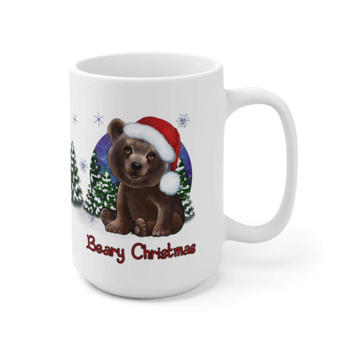 Printify Mug 15oz Coffee Mug, "Beary Christmas",  Brown Bear Mug, Red Hat, White 15oz Ceramic, Gift 15888933880454762022