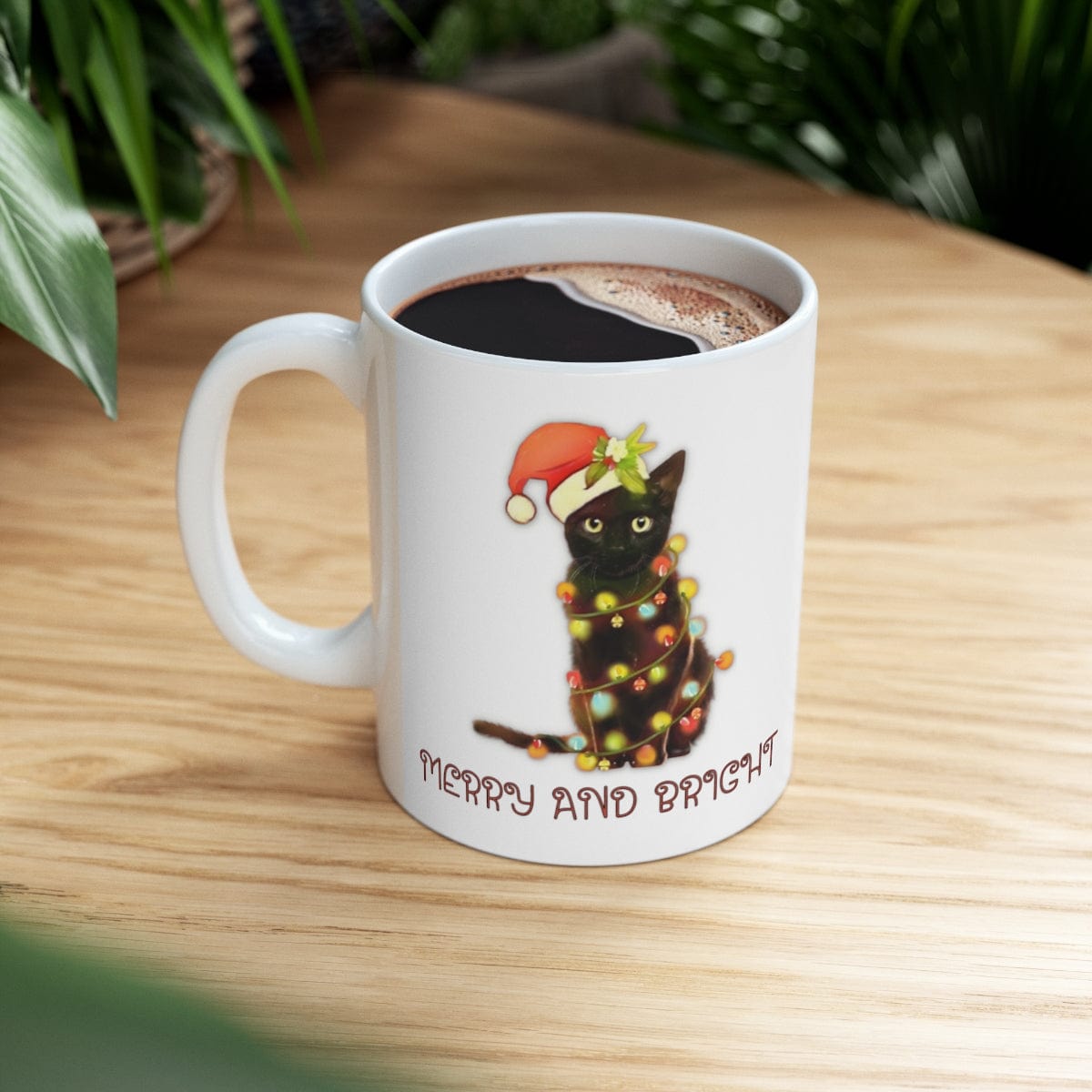 Printify Mug 11oz Coffee Mug, "Merry and Bright", Cat with lights, Christmas Coffee Mug Gift, White 11oz Ceramic, Gift for Her, Cute Mug 24260169672849610804