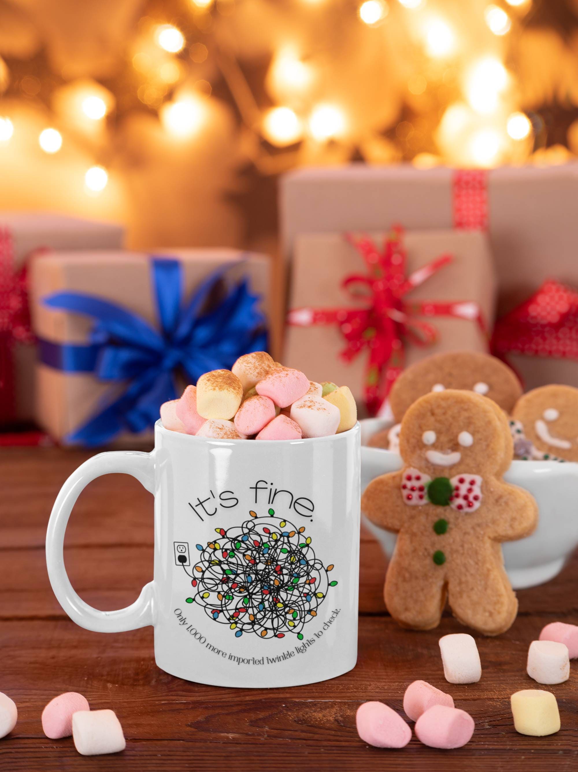 Printify Mug 11oz Coffee Mug, "It's Fine. Only 1,000 imported Twinkle Lights to Check,  Mug, White 11oz Ceramic, Christmas Mug 52833681150164336922