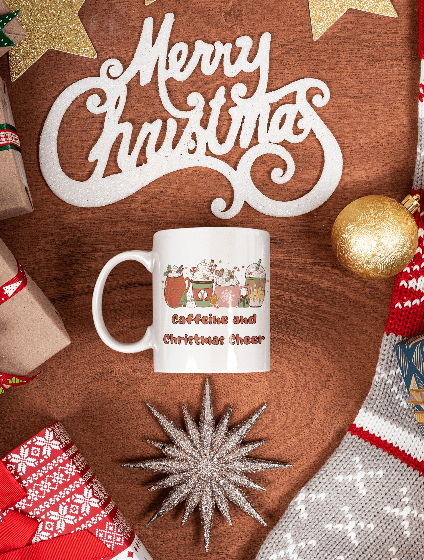 Printify Mug 11oz Coffee Mug, "Caffeine and Christmas Cheer", Fancy Coffee Drinks, Christmas Coffee, White 11oz Ceramic, Gift for Her, Cute Mug, Free Shipping 22780328799452416460