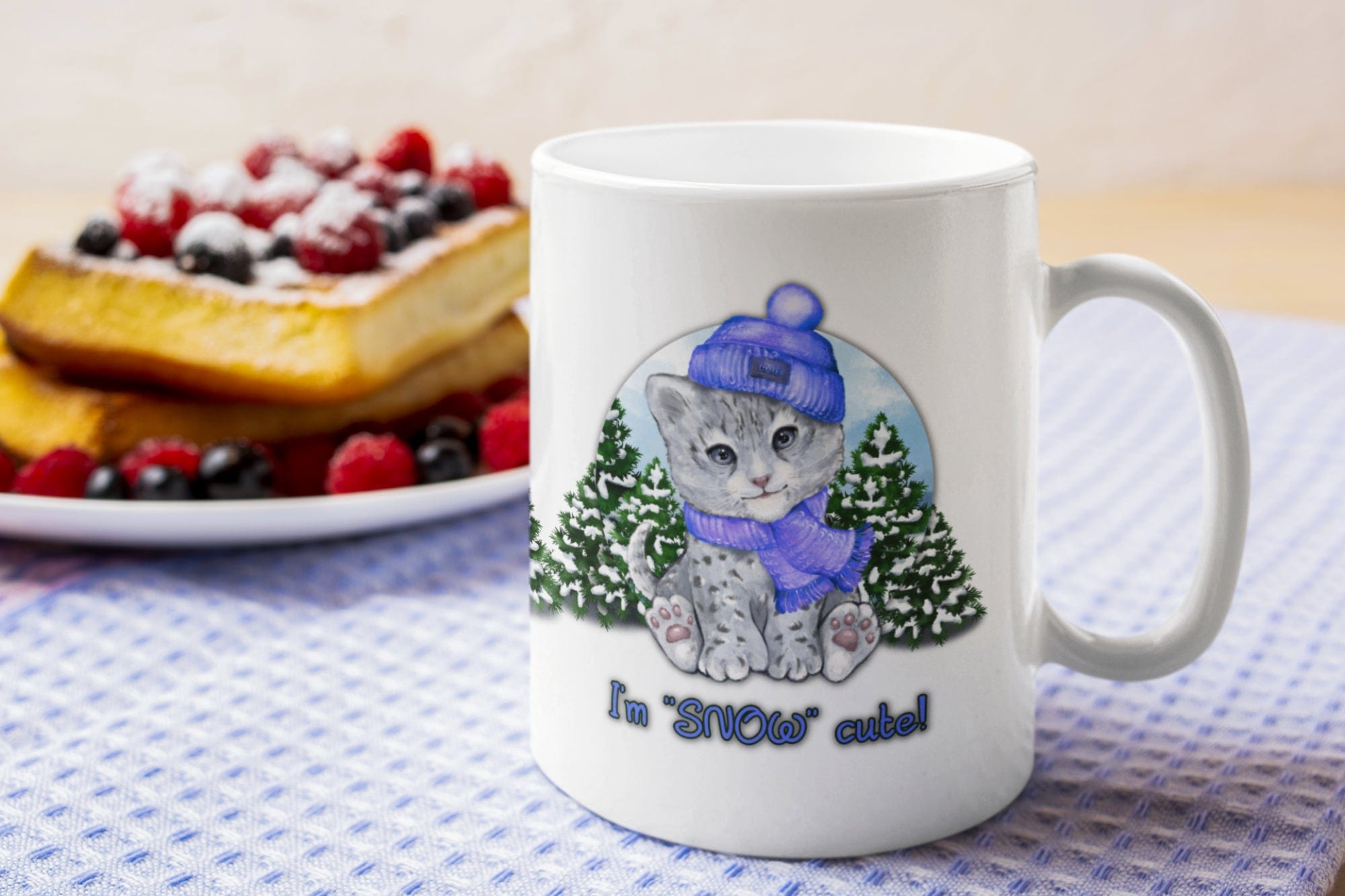 Printify Mug 11oz Coffee Mug, "I'm SNOW Cute!",  Baby Snow Leopard Mug, Blue Outfit, White 11oz Ceramic, Gift for Her, Cute Mug 27648233713182932971