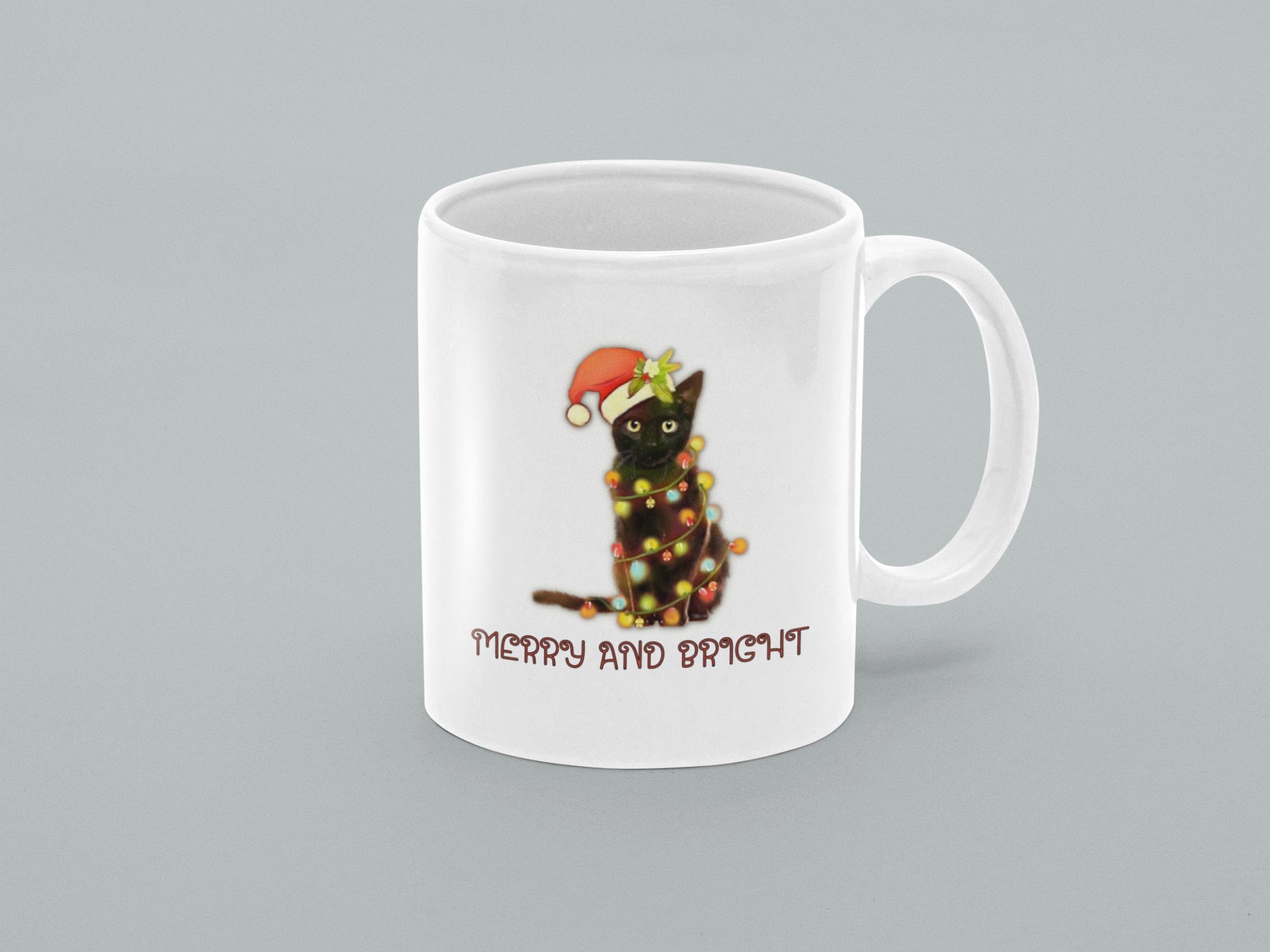 Printify Mug 11oz Coffee Mug, "Merry and Bright", Cat with lights, Christmas Coffee Mug Gift, White 11oz Ceramic, Gift for Her, Cute Mug 24260169672849610804