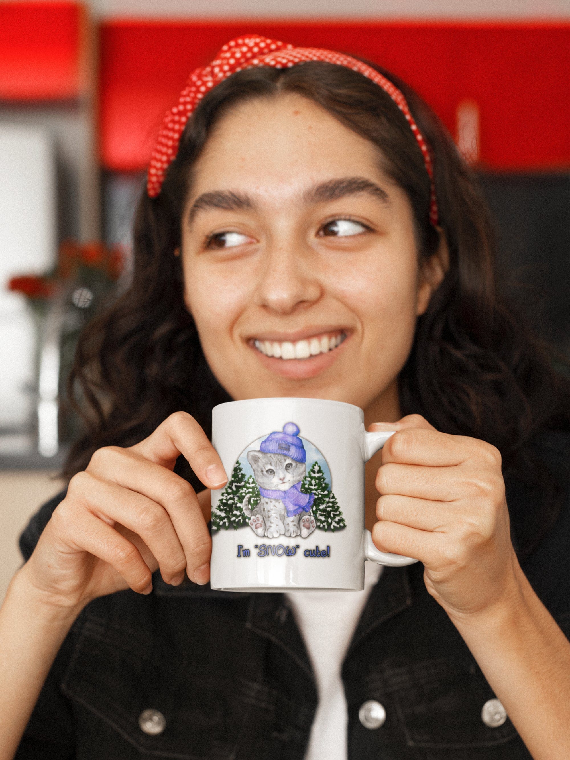 Printify Mug 11oz Coffee Mug, "I'm SNOW Cute!",  Baby Snow Leopard Mug, Blue Outfit, White 11oz Ceramic, Gift for Her, Cute Mug 27648233713182932971