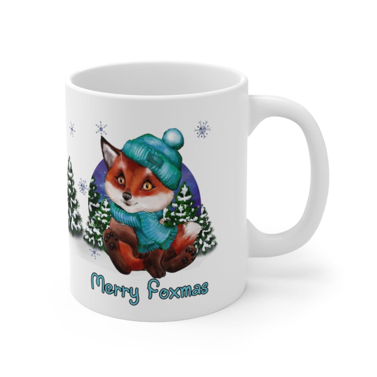 Printify Mug 11oz Coffee Mug, "Merry Foxmas",  Baby Fox Mug, Blue Beanie and Scarf, White 11oz Ceramic, Gift for Her, Cute Mug, Free Shipping 15728506072394654880