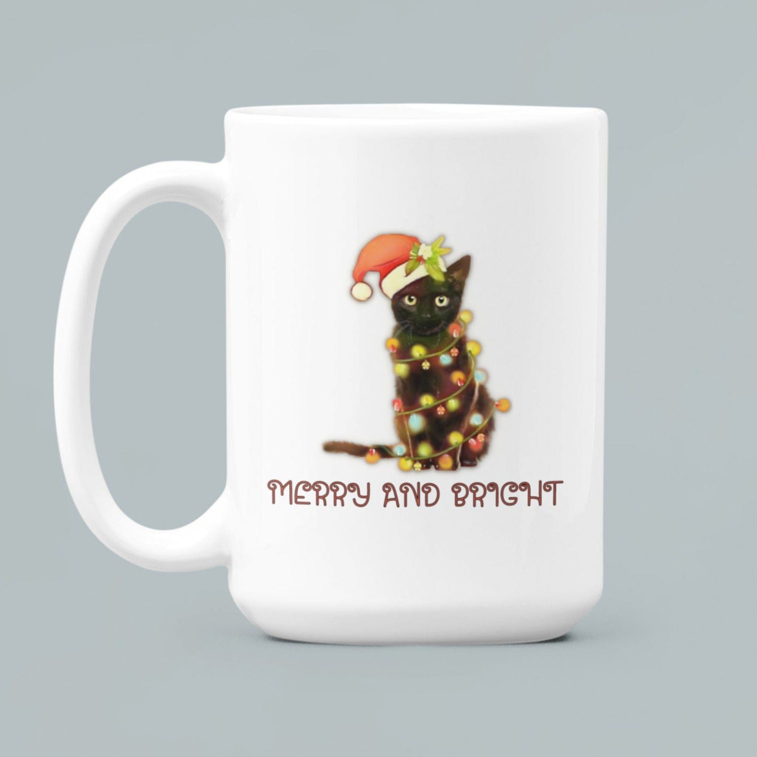 Printify Mug 15oz Coffee Mug, "Merry and Bright", Cat with lights, Christmas Coffee Mug Gift , White 15oz Ceramic, Gift for Her, Cute Mug, Free Shipping 30591592797192310958