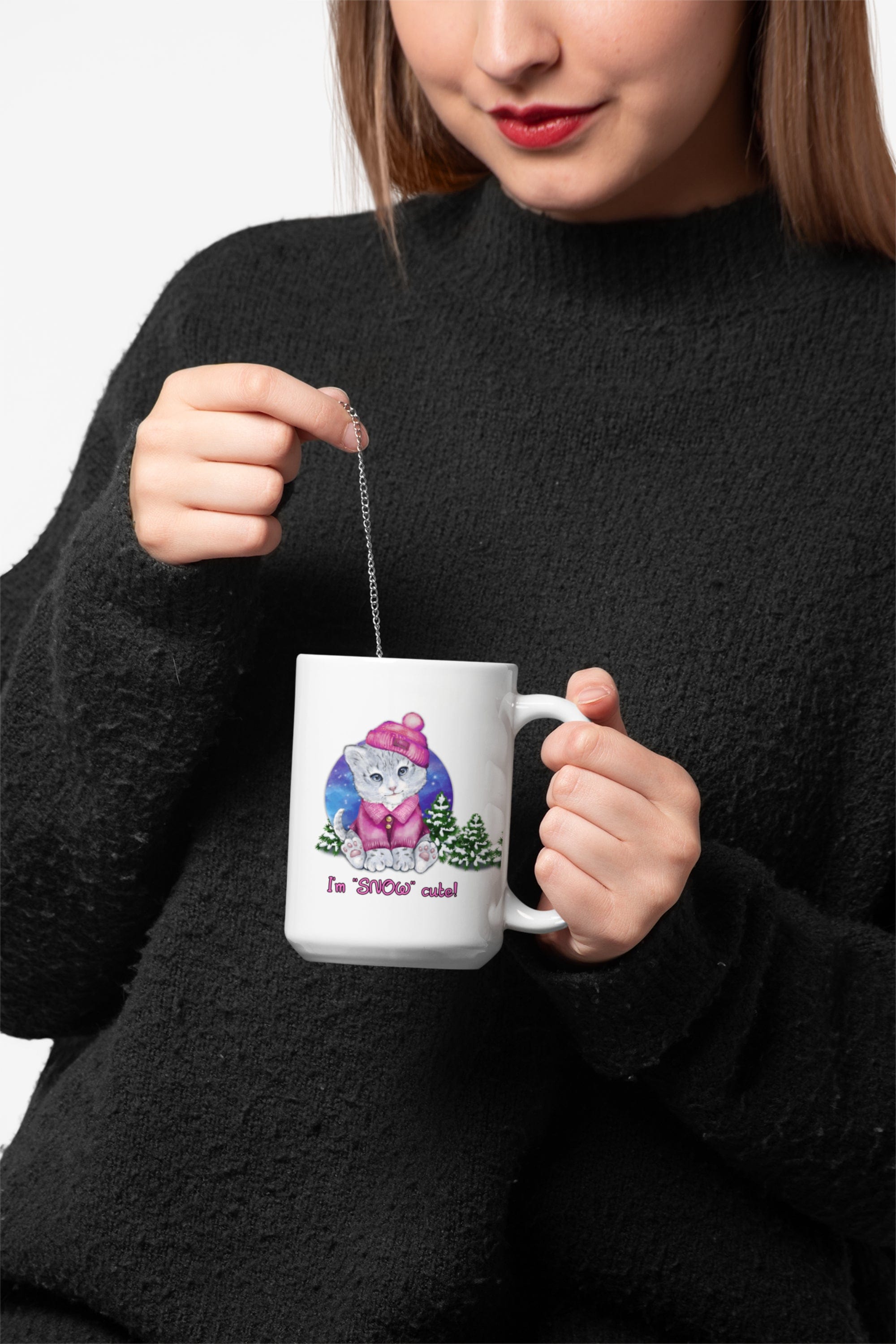Printify Mug 15oz Coffee Mug, "I'm SNOW Cute!",  Baby Snow Leopard Mug, Pink Outfit, White 15 oz Ceramic, Gift for Her, Cute Mug 13199455690845617856