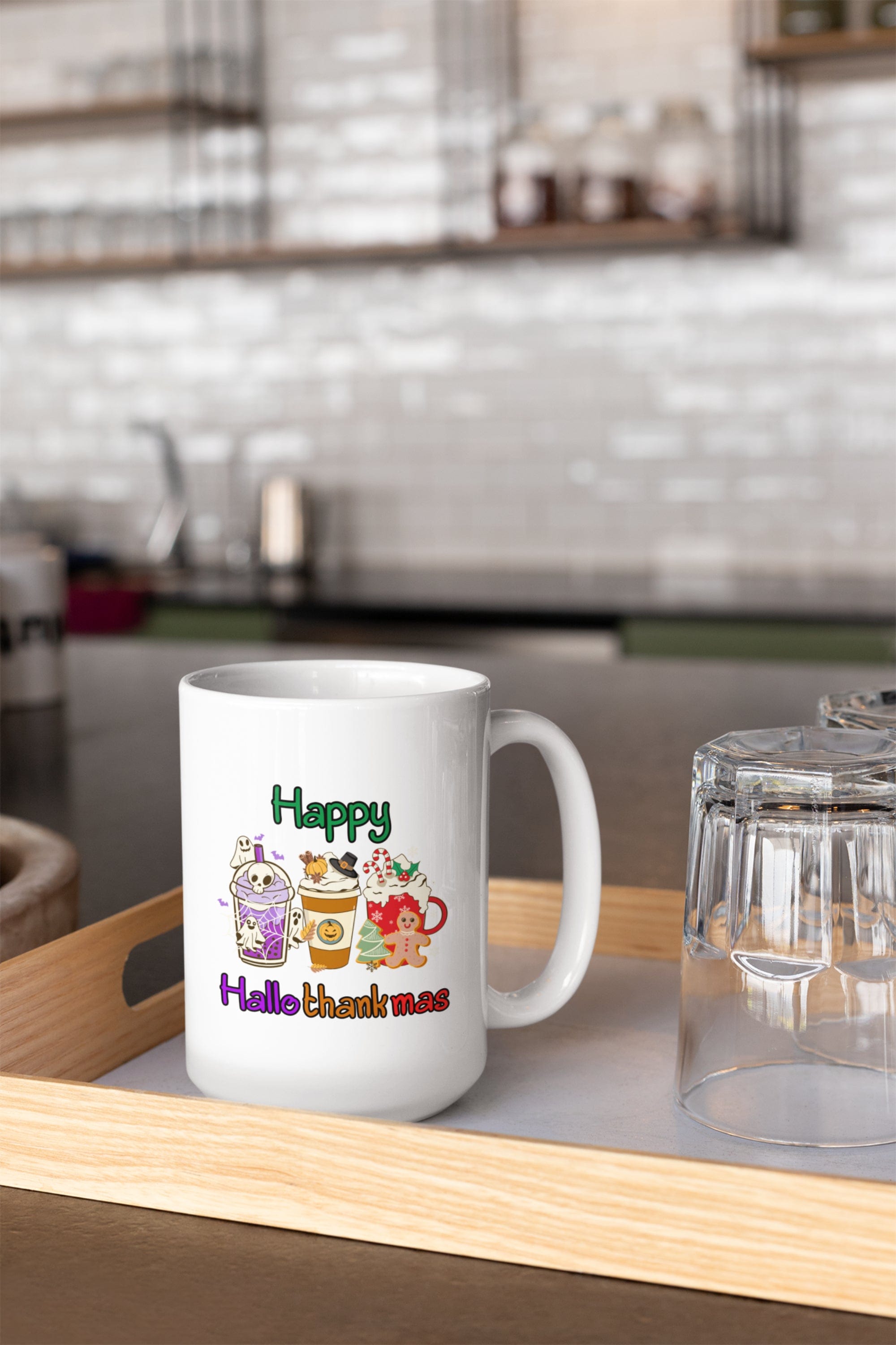 Printify Mug 15oz Coffee Mug 15 oz, "Happy Hallothankmas" White 15oz Ceramic Mug , Gift for Her or Him, Humorous Mug, Funny Mug 10573599284185879761