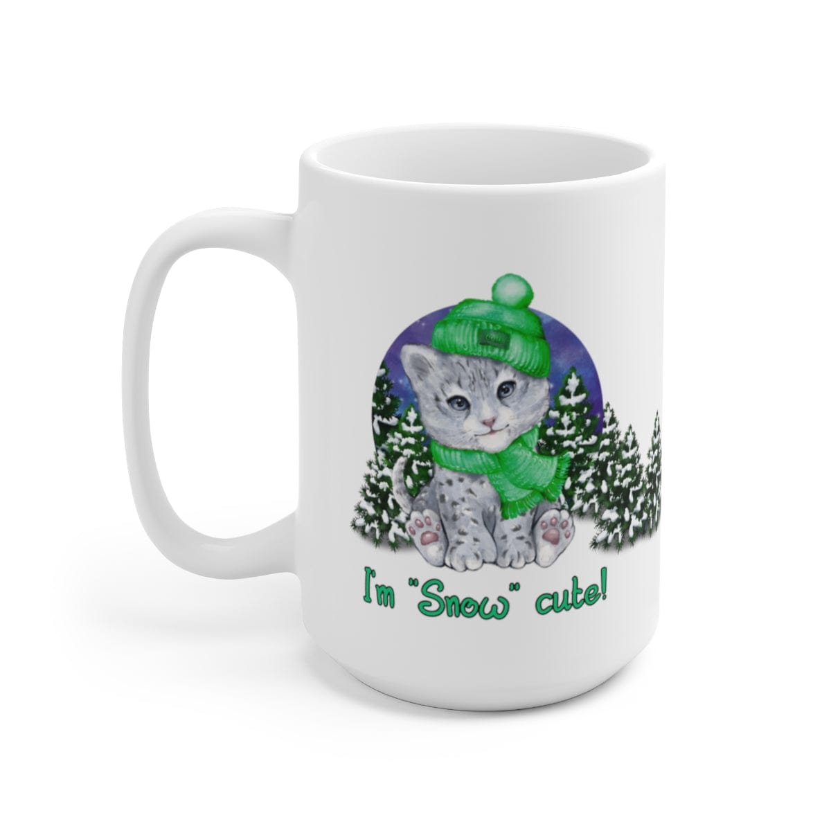 Printify Mug 15oz Coffee Mug, "I'm SNOW Cute!",  Baby Snow Leopard Mug, Green Outfit, White 15 oz Ceramic, Gift for Her, Cute Mug, Funny Mug, Free Ship 14642869589641345406