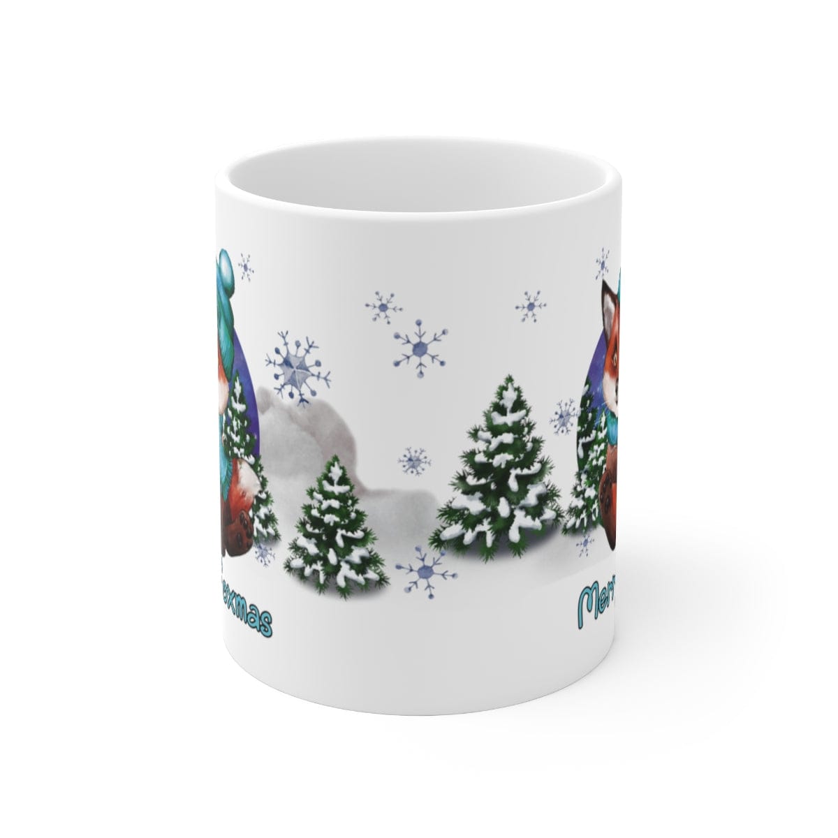 Printify Mug 11oz Coffee Mug, "Merry Foxmas",  Baby Fox Mug, Blue Beanie and Scarf, White 11oz Ceramic, Gift for Her, Cute Mug, Free Shipping 15728506072394654880