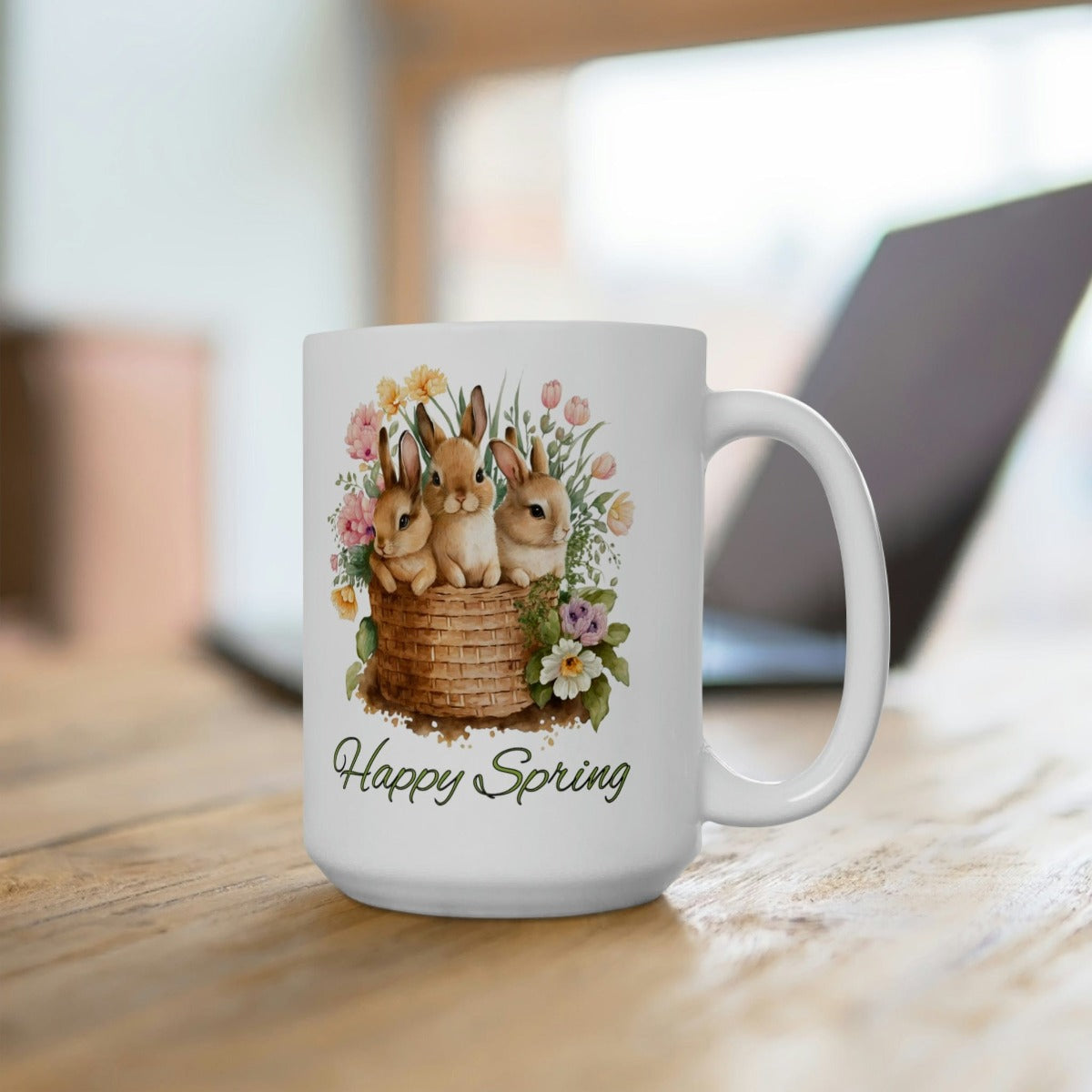 Printify Mug 15oz Coffee Mug, Happy Spring Coffee Mug, Bunnies Mug, Birthday Gift, Easter Mug, White 15 oz Ceramic, Gift for Her, Free Shipping 84439695751023154230
