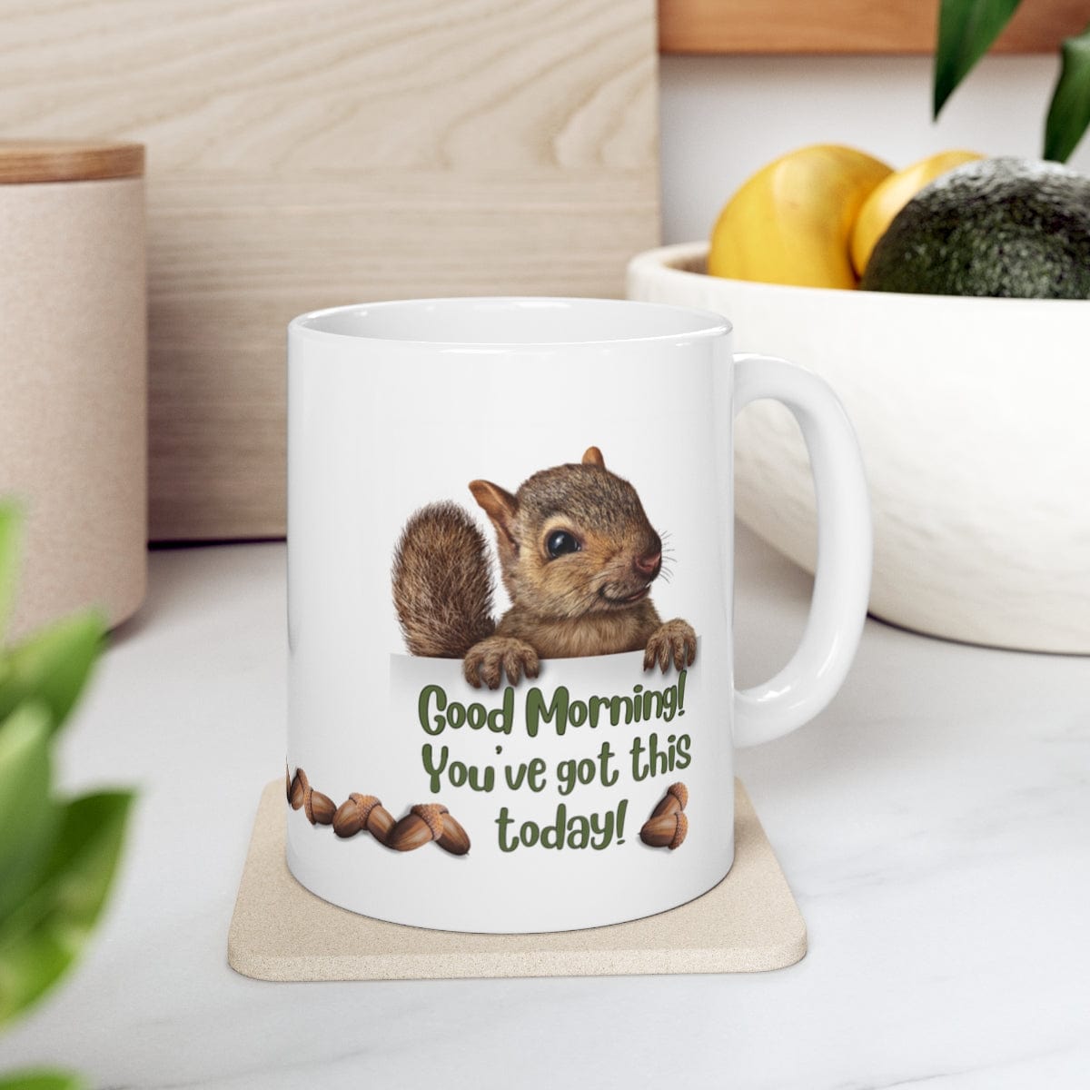 Printify Mug 11oz Coffee Mug, "Good Morning, You've got this!", Squirrel Mug, White 11oz Ceramic, Gift for Her, Humorous Mug, Funny Mug 27644087590572478185