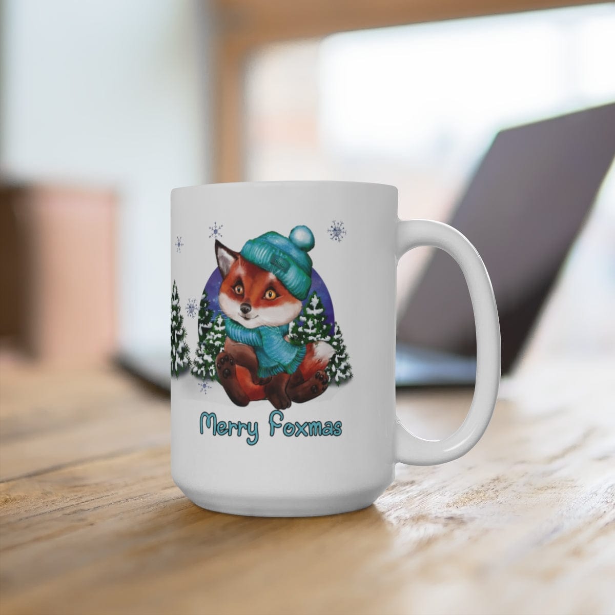 Printify Mug 15oz Coffee Mug, "Merry Foxmas",  Baby Fox Mug, Blue Beanie and Scarf, White 15 oz Ceramic, Gift for Her, Cute Mug, Free Shipping 27382209747318049501