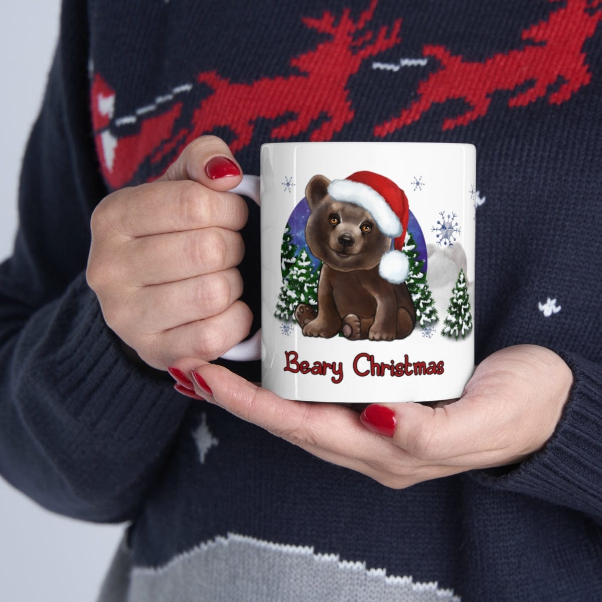 Printify Mug 11oz Coffee Mug, "Beary Christmas",  Brown Bear Mug, Red Hat, White 11oz Ceramic, Cute Mug, 26226106429444536752