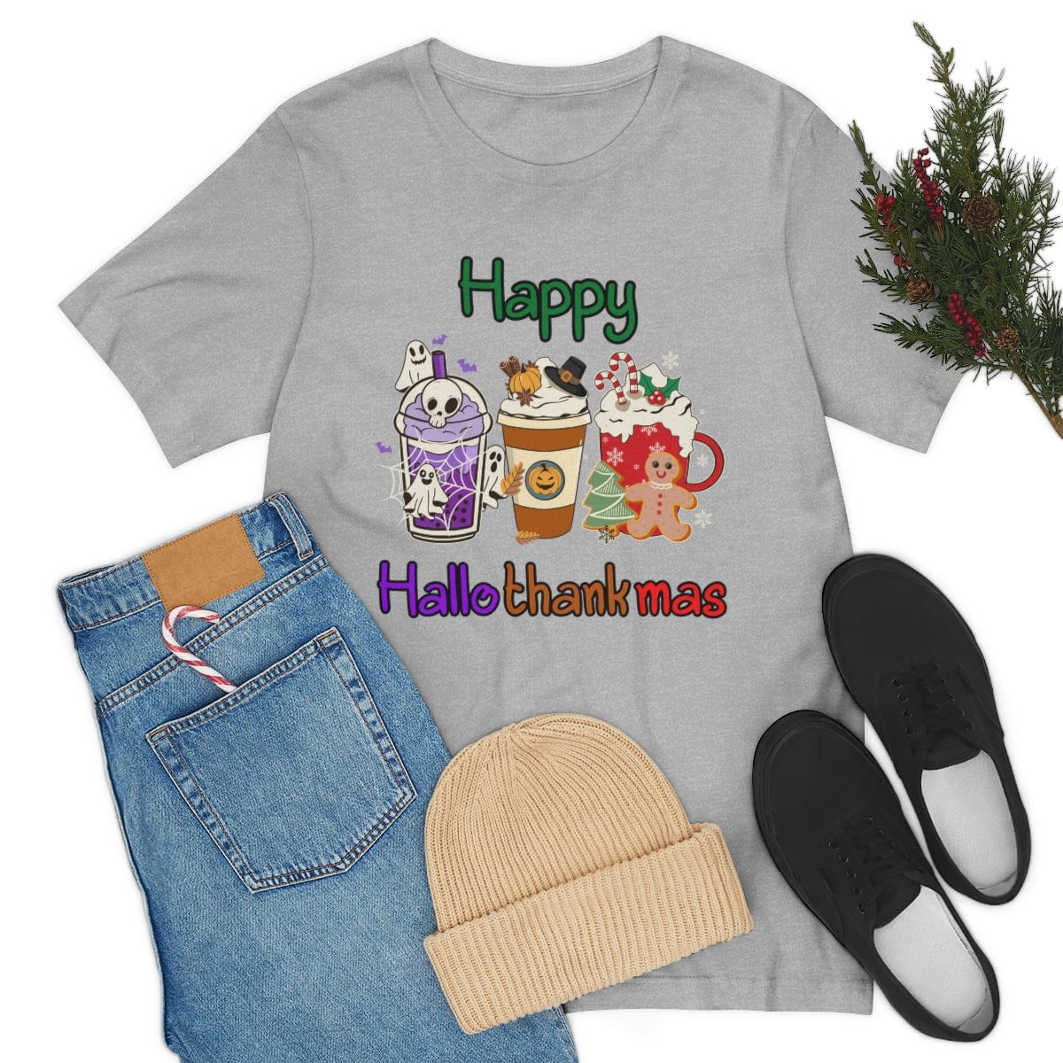 Printify T-Shirt Holiday Shirt, Hallothankmas with coffee shirt, Graphic Tee, Cute Shirts, Christmas Shirt