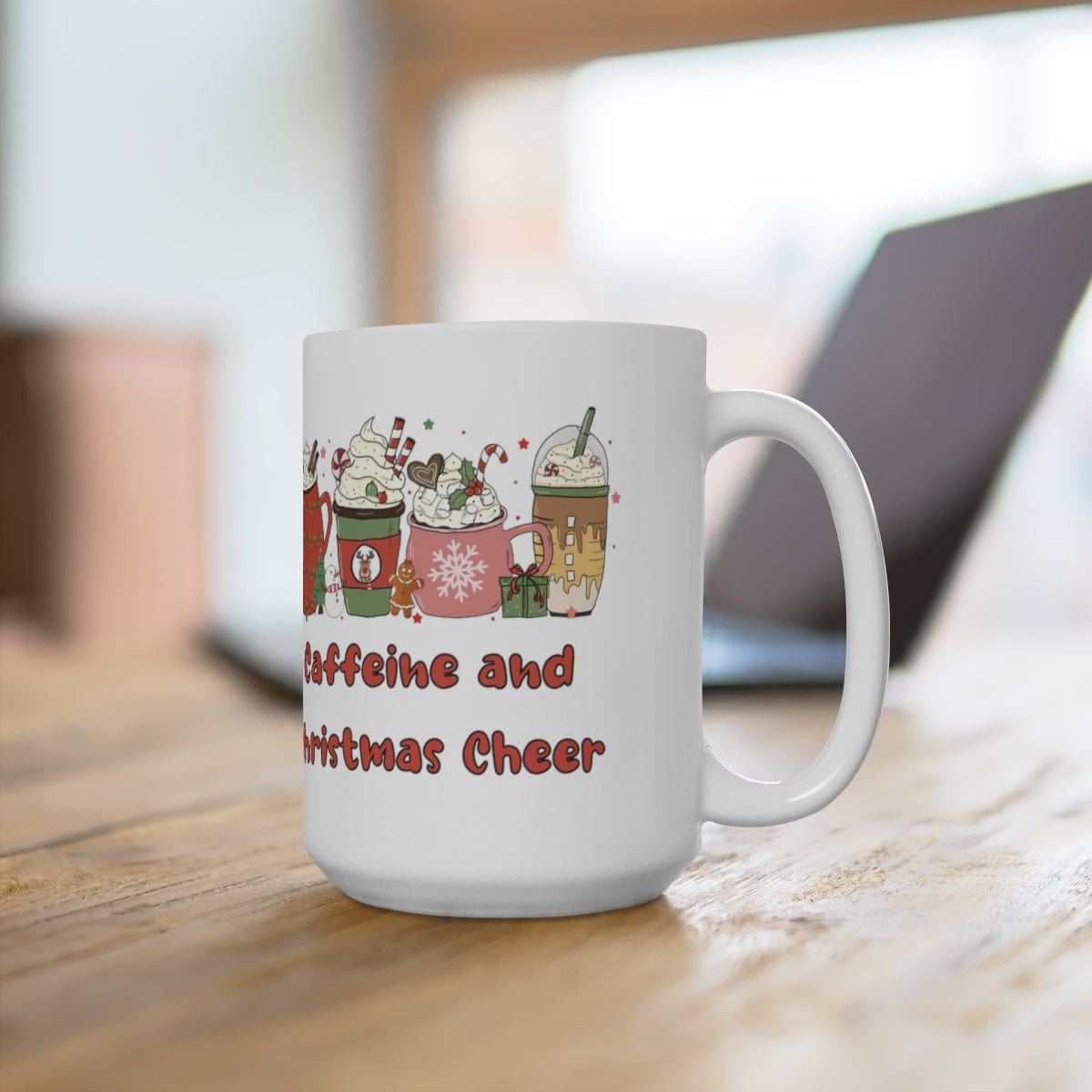 Printify Mug 15oz Coffee Mug, "Caffeine and Christmas Cheer", Fancy Coffee Drinks, Christmas Coffee, White 15oz Ceramic, Gift for Her, Cute Mug, Free Shipping 59723624668113544933