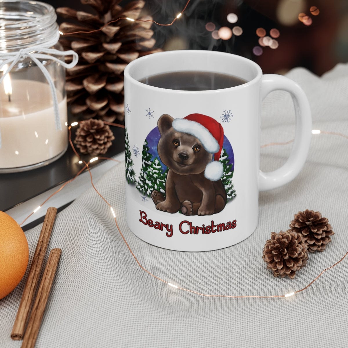Printify Mug 11oz Coffee Mug, "Beary Christmas",  Brown Bear Mug, Red Hat, White 11oz Ceramic, Cute Mug, 26226106429444536752