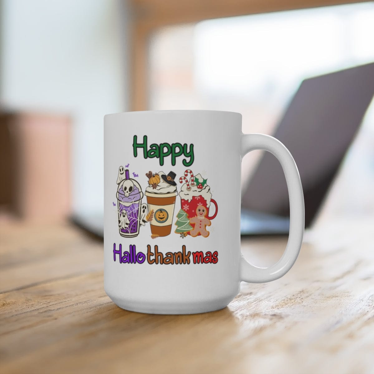 Printify Mug 15oz Coffee Mug 15 oz, "Happy Hallothankmas" White 15oz Ceramic Mug , Gift for Her or Him, Humorous Mug, Funny Mug 10573599284185879761