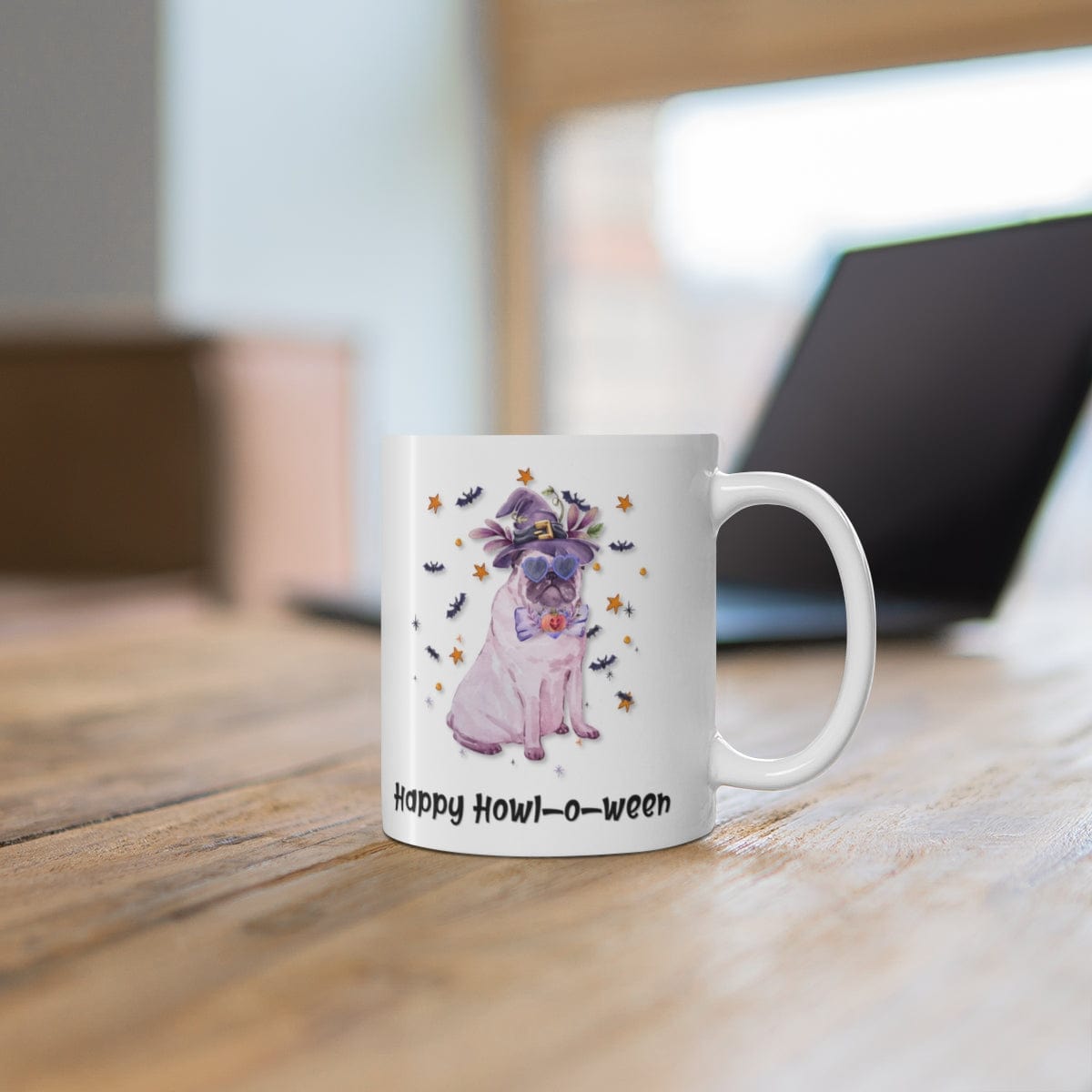 Printify Mug 11oz Coffee Mug, Happy Howl-o-ween, White 11oz Ceramic Mug, Pug Mug, Gift for Her, Humorous Mug, Dog Lover Gift, Free Shipping 25378626186534876927