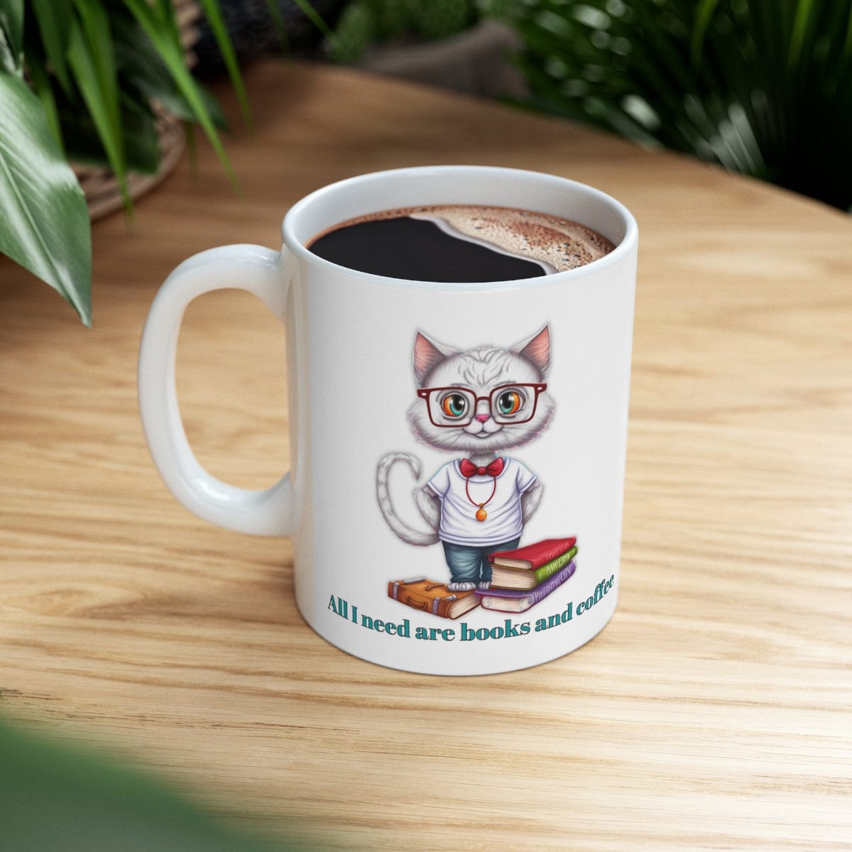 Printify Mug 11oz Coffee Mug, Cat with books, Cat Coffee mug, Coffee Mug Gift , Book Lovers Gift, White 11 oz Ceramic, Gift for Her, Cute Mug, Free Shipping 57050025687640299821