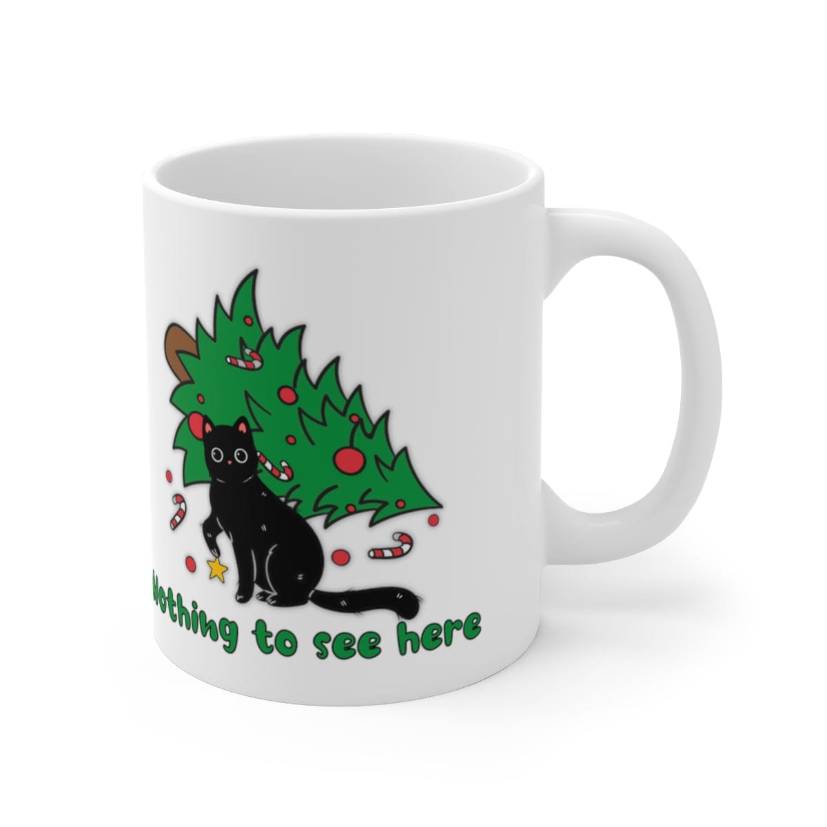 Printify Mug 11oz Coffee Mug, "Nothing to See Here", Cat attacks tree, Christmas Coffee Mug Gift , White 11oz Ceramic, Gift for Her, Cute Mug, Free Shipping 94816106488375186190
