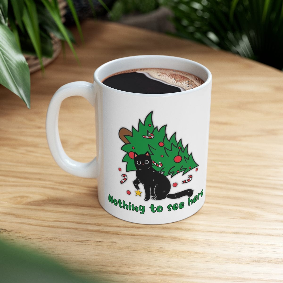 Printify Mug 11oz Coffee Mug, "Nothing to See Here", Cat attacks tree, Christmas Coffee Mug Gift , White 11oz Ceramic, Gift for Her, Cute Mug, Free Shipping 94816106488375186190