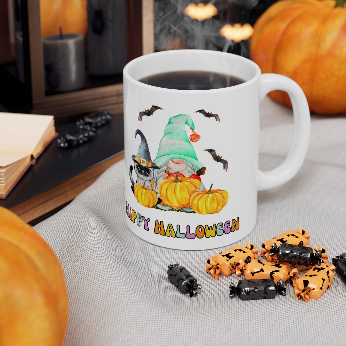Printify Mug 11oz Retro Hippy Halloween White 11oz Ceramic Mug Coffee Mug, Gnome, Pumpkins, Cat, Bat, Gift for Her 14873479873785267129