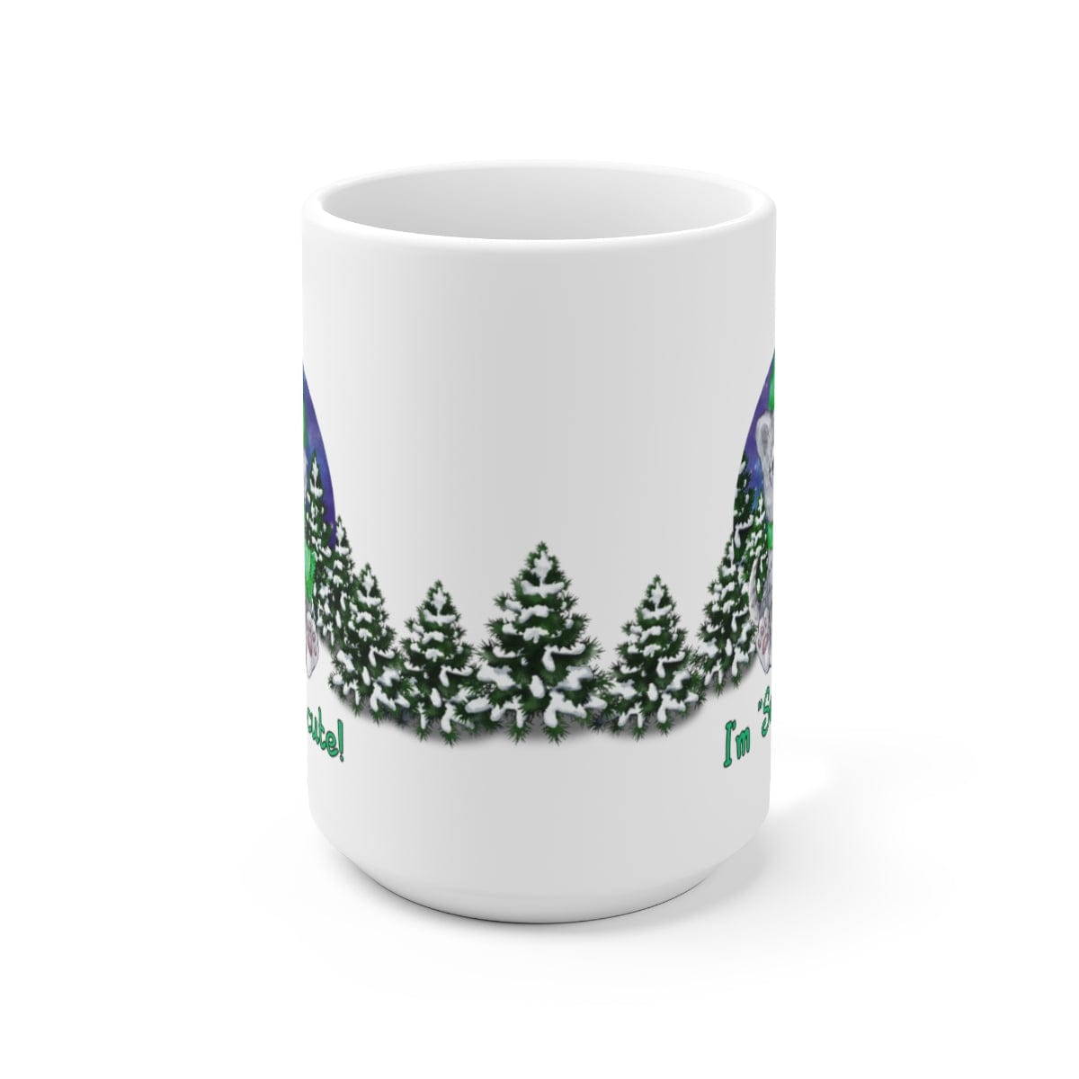 Printify Mug 15oz Coffee Mug, "I'm SNOW Cute!",  Baby Snow Leopard Mug, Green Outfit, White 15 oz Ceramic, Gift for Her, Cute Mug, Funny Mug, Free Ship 14642869589641345406