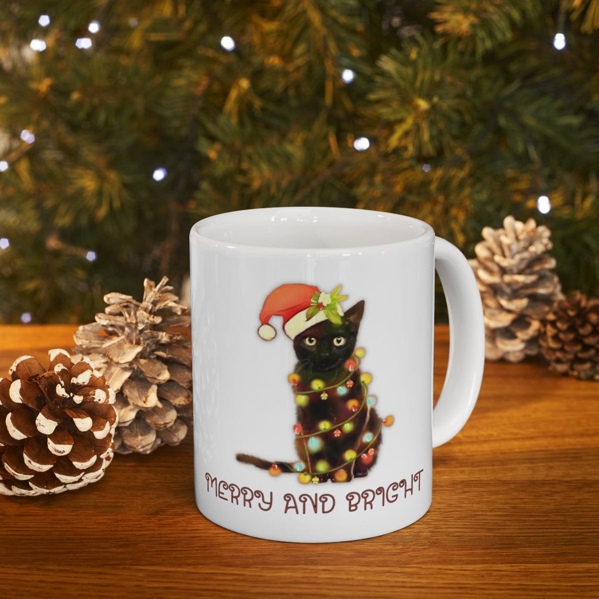 Printify Mug 11oz Coffee Mug, "Merry and Bright", Cat with lights, Christmas Coffee Mug Gift, White 11oz Ceramic, Gift for Her, Cute Mug 24260169672849610804
