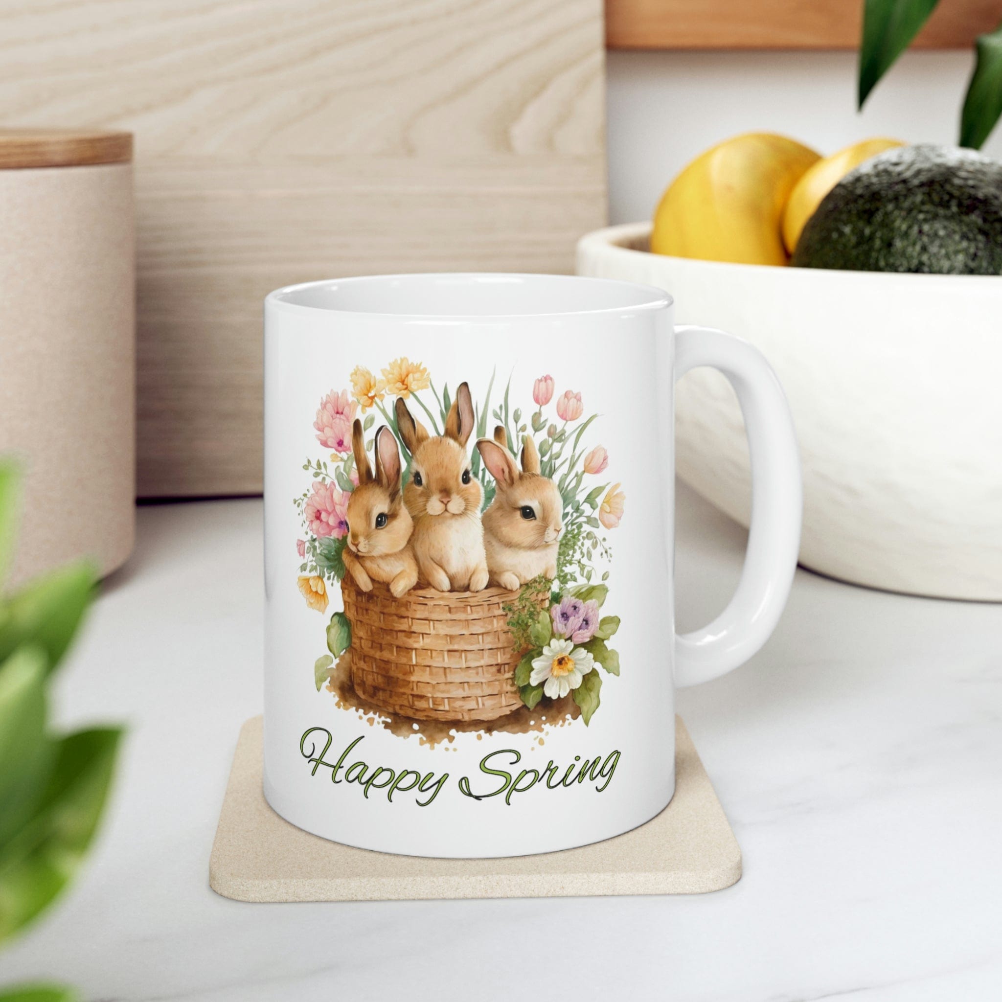 Printify Mug 11oz Coffee Mug, Happy Spring Coffee Mug, Bunnies Mug, Birthday Gift, Easter Mug, White 11 oz Ceramic, Gift for Her, Free Shipping 13904509512426832971