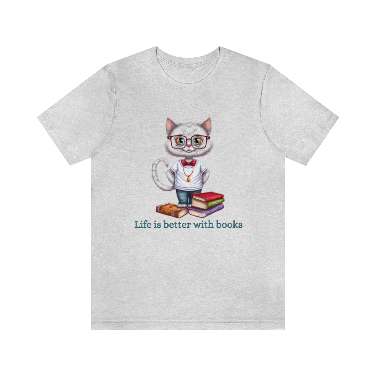 Printify T-Shirt Ash / S Book Lovers TShirt, Books and Cats shirt, Unisex Short Sleeve Tee, Graphic Tee, Cute Shirt, Gift for Her, Gift for Teen 16175884216532041214