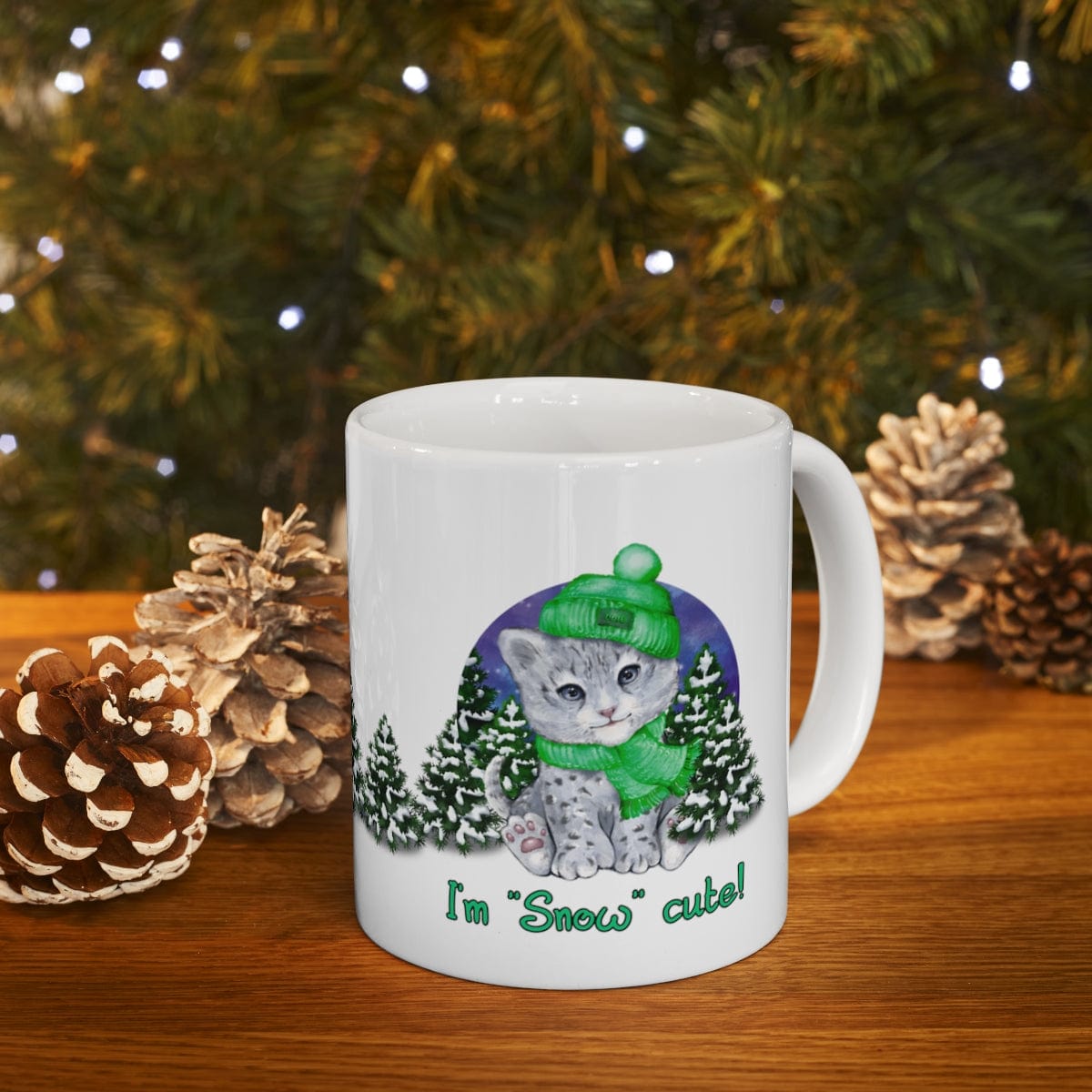Printify Mug 11oz Coffee Mug, "I'm SNOW Cute!",  Baby Snow Leopard Mug, Green Outfit, White 11oz Ceramic, Gift for Her, Cute Mug, Funny Mug, Free Shipp 15521824414343900357