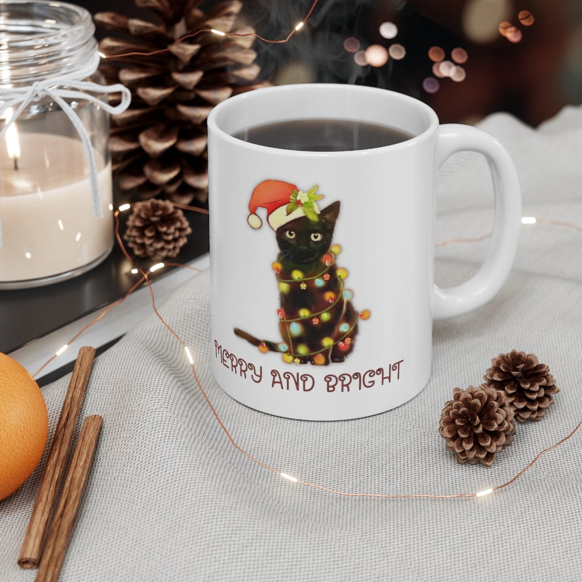 Printify Mug 11oz Coffee Mug, "Merry and Bright", Cat with lights, Christmas Coffee Mug Gift, White 11oz Ceramic, Gift for Her, Cute Mug 24260169672849610804