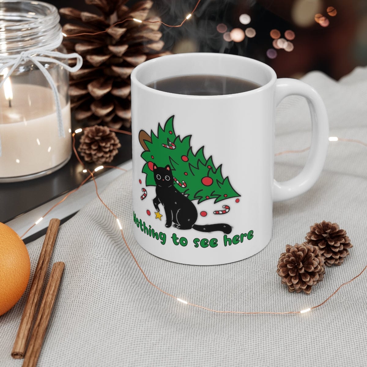 Printify Mug 11oz Coffee Mug, "Nothing to See Here", Cat attacks tree, Christmas Coffee Mug Gift , White 11oz Ceramic, Gift for Her, Cute Mug, Free Shipping 94816106488375186190