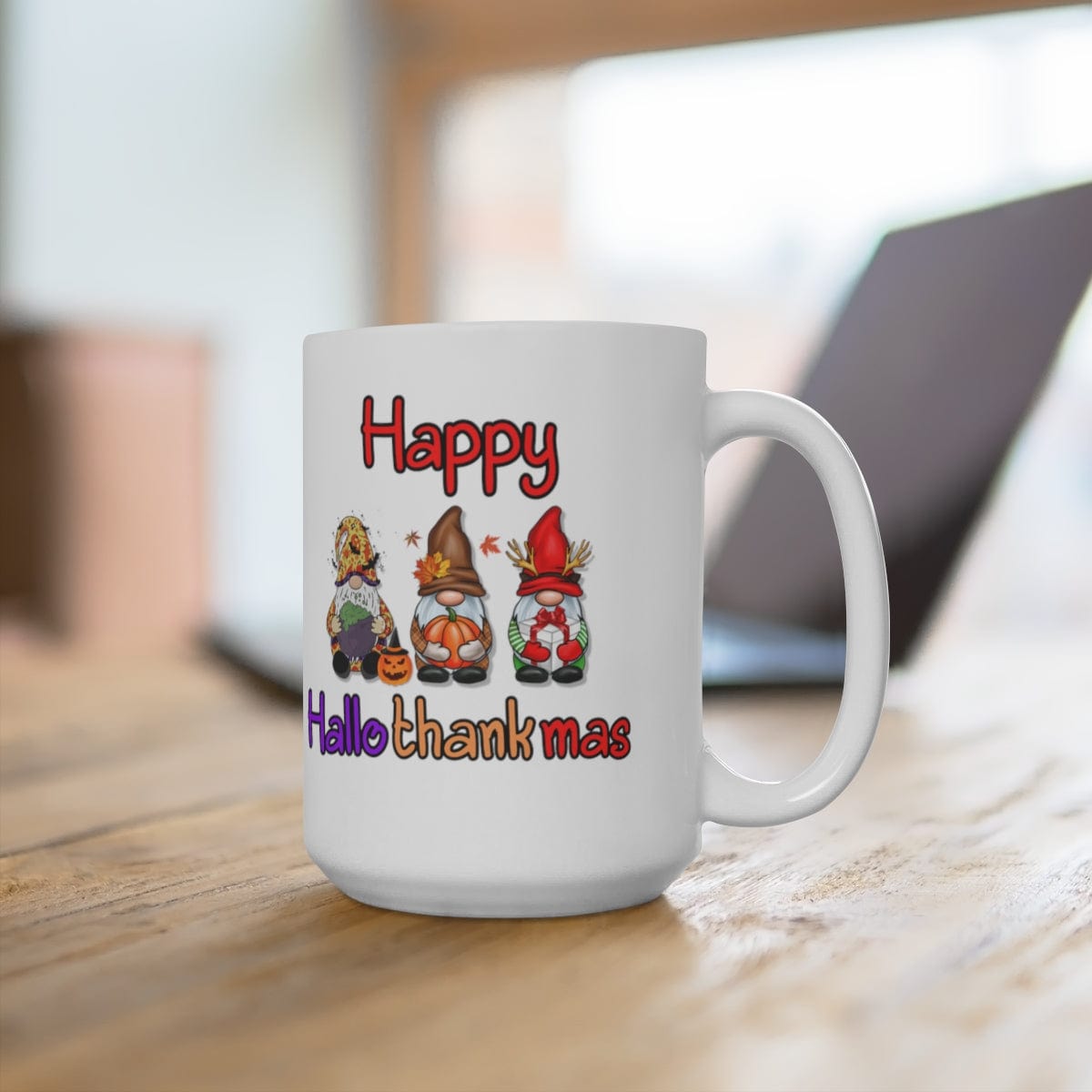Printify Mug 15oz Coffee Mug, 15oz "Happy Hallothankmas" White  Ceramic Mug , Gift for Her or Him, Humorous Mug, Humorous Gift, Funny Mug, Free Shipping 31054242026963360112