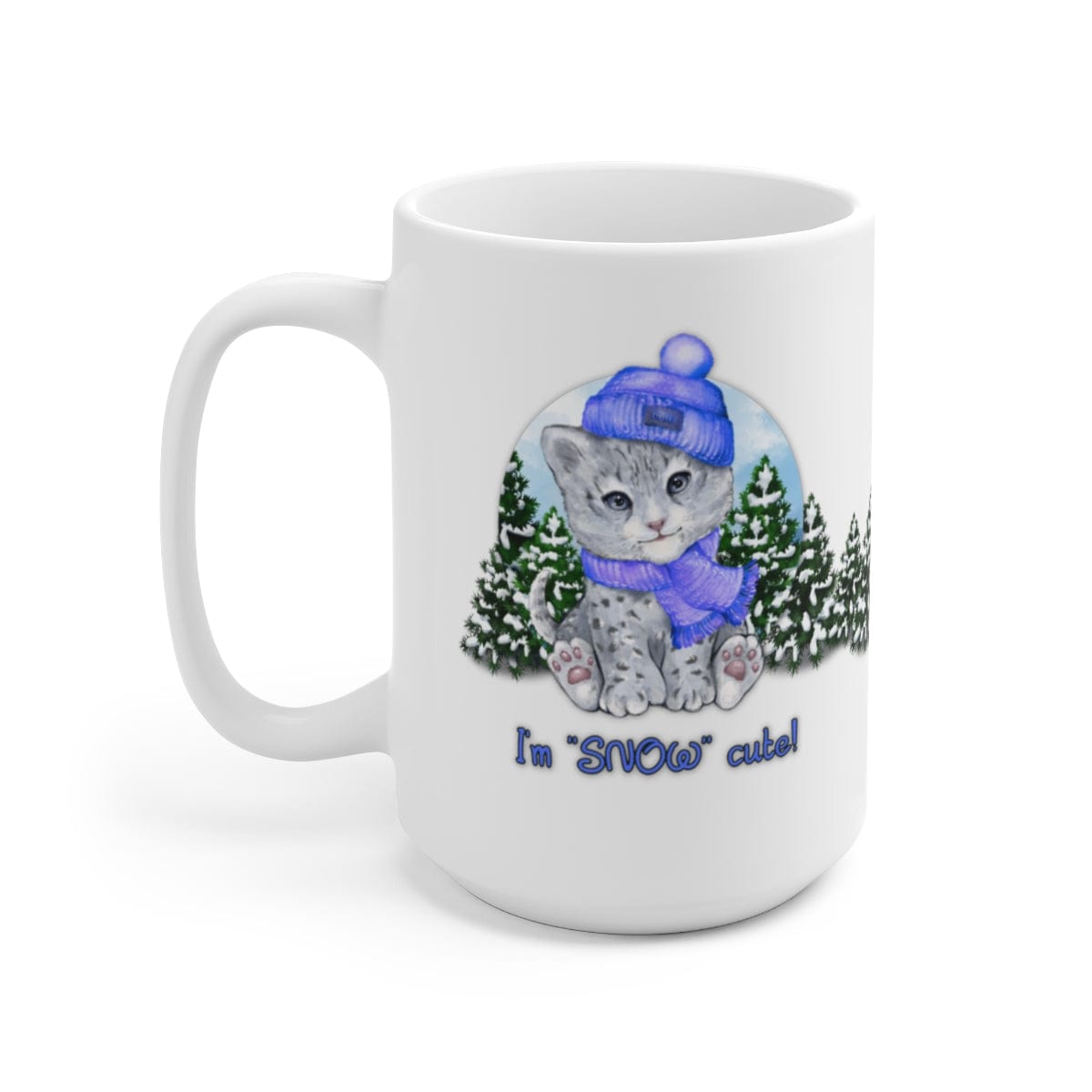 Printify Mug 15oz Coffee Mug, "I'm SNOW Cute!",  Baby Snow Leopard Mug, Blue Outfit, White 15 oz Ceramic, Gift for Her, Cute Mug, Funny Mug, Free Ship 23804255193646774504