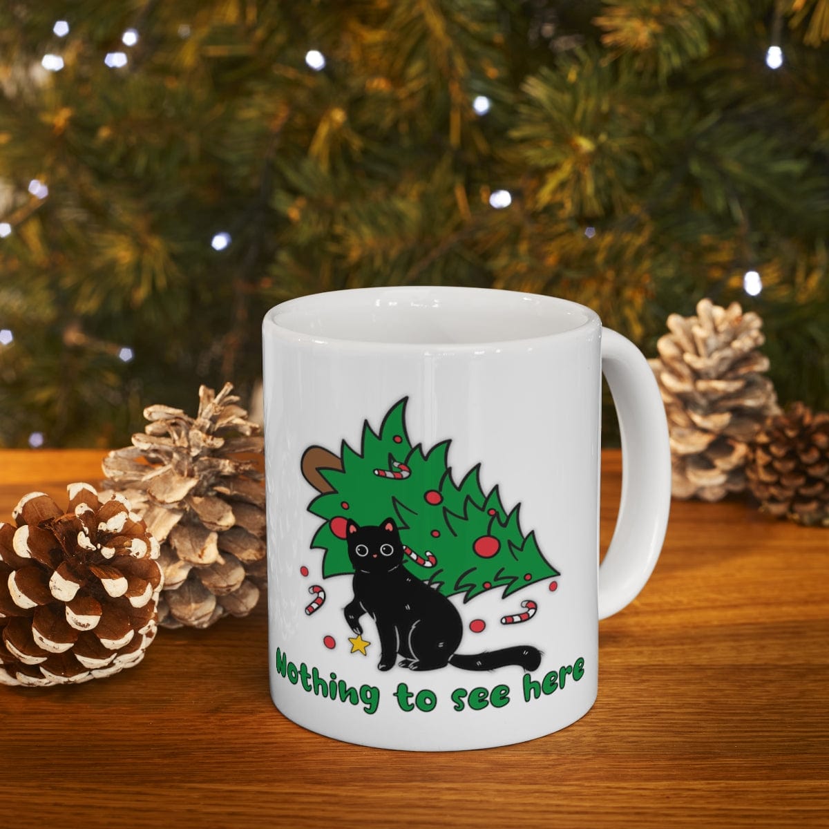 Printify Mug 11oz Coffee Mug, "Nothing to See Here", Cat attacks tree, Christmas Coffee Mug Gift , White 11oz Ceramic, Gift for Her, Cute Mug, Free Shipping 94816106488375186190