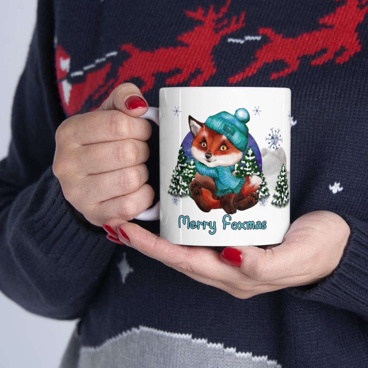 Printify Mug 11oz Coffee Mug, "Merry Foxmas",  Baby Fox Mug, Blue Beanie and Scarf, White 11oz Ceramic, Gift for Her, Cute Mug, Free Shipping 15728506072394654880