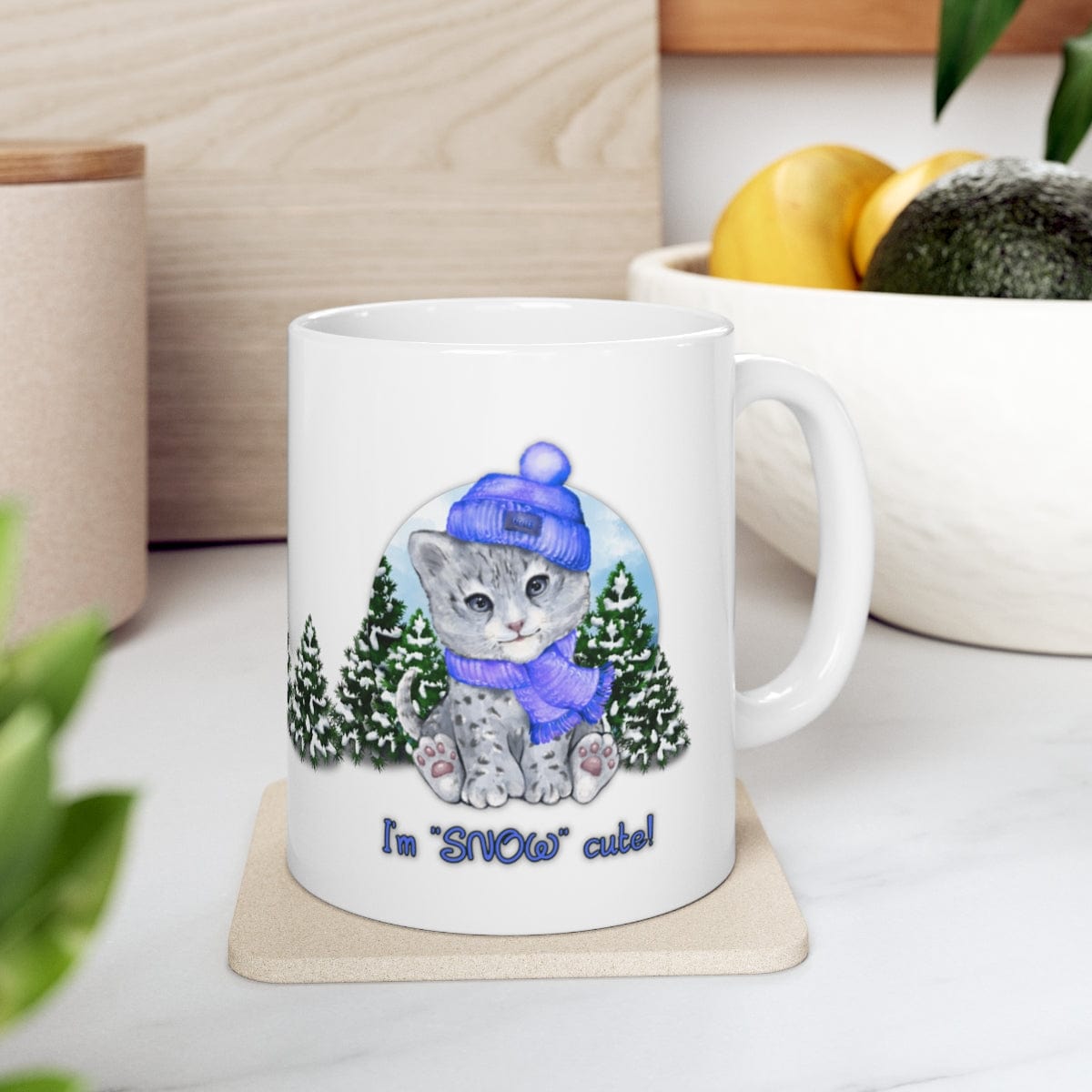 Printify Mug 11oz Coffee Mug, "I'm SNOW Cute!",  Baby Snow Leopard Mug, Blue Outfit, White 11oz Ceramic, Gift for Her, Cute Mug 27648233713182932971