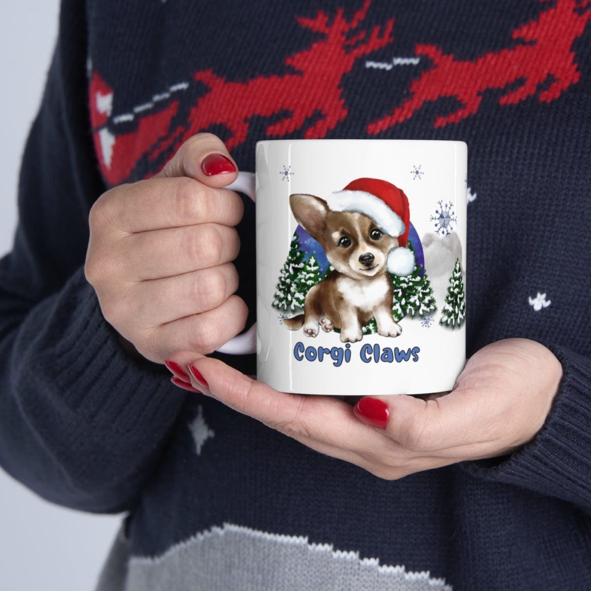 Printify Mug 11oz Coffee Mug, "Corgi Claws",  Dog Mug, Santa Hat, White 11oz Ceramic, Gift for Her, Cute Mug 17129601253703934276