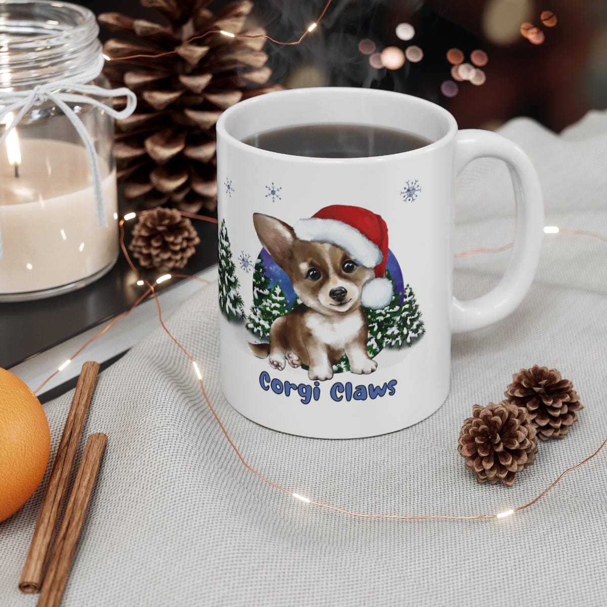 Printify Mug 11oz Coffee Mug, "Corgi Claws",  Dog Mug, Santa Hat, White 11oz Ceramic, Gift for Her, Cute Mug 17129601253703934276