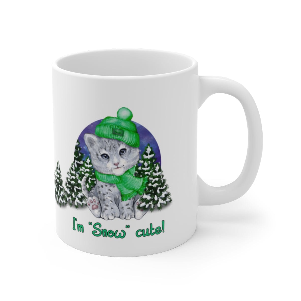 Printify Mug 11oz Coffee Mug, "I'm SNOW Cute!",  Baby Snow Leopard Mug, Green Outfit, White 11oz Ceramic, Gift for Her, Cute Mug, Funny Mug, Free Shipp 15521824414343900357